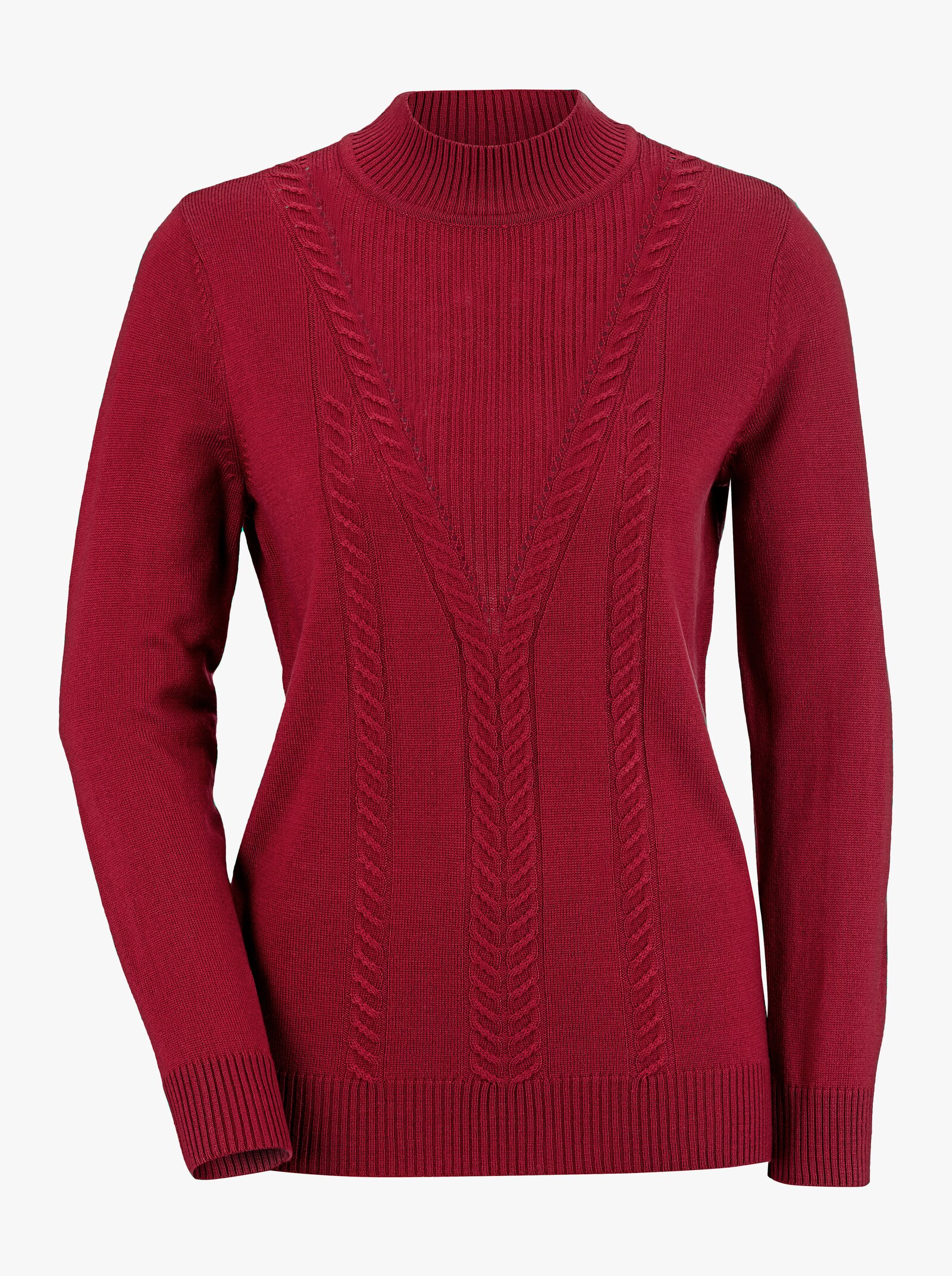 Svetr se stojáčkem a copánkovým vzorem - třešňově červená