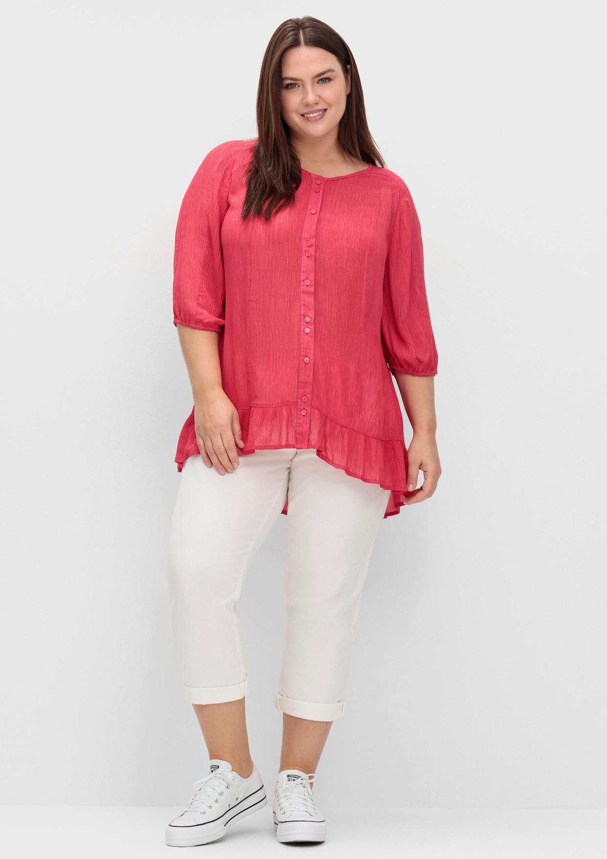 sheego Kurzarmbluse mit Volants am Saum - sorbet pink