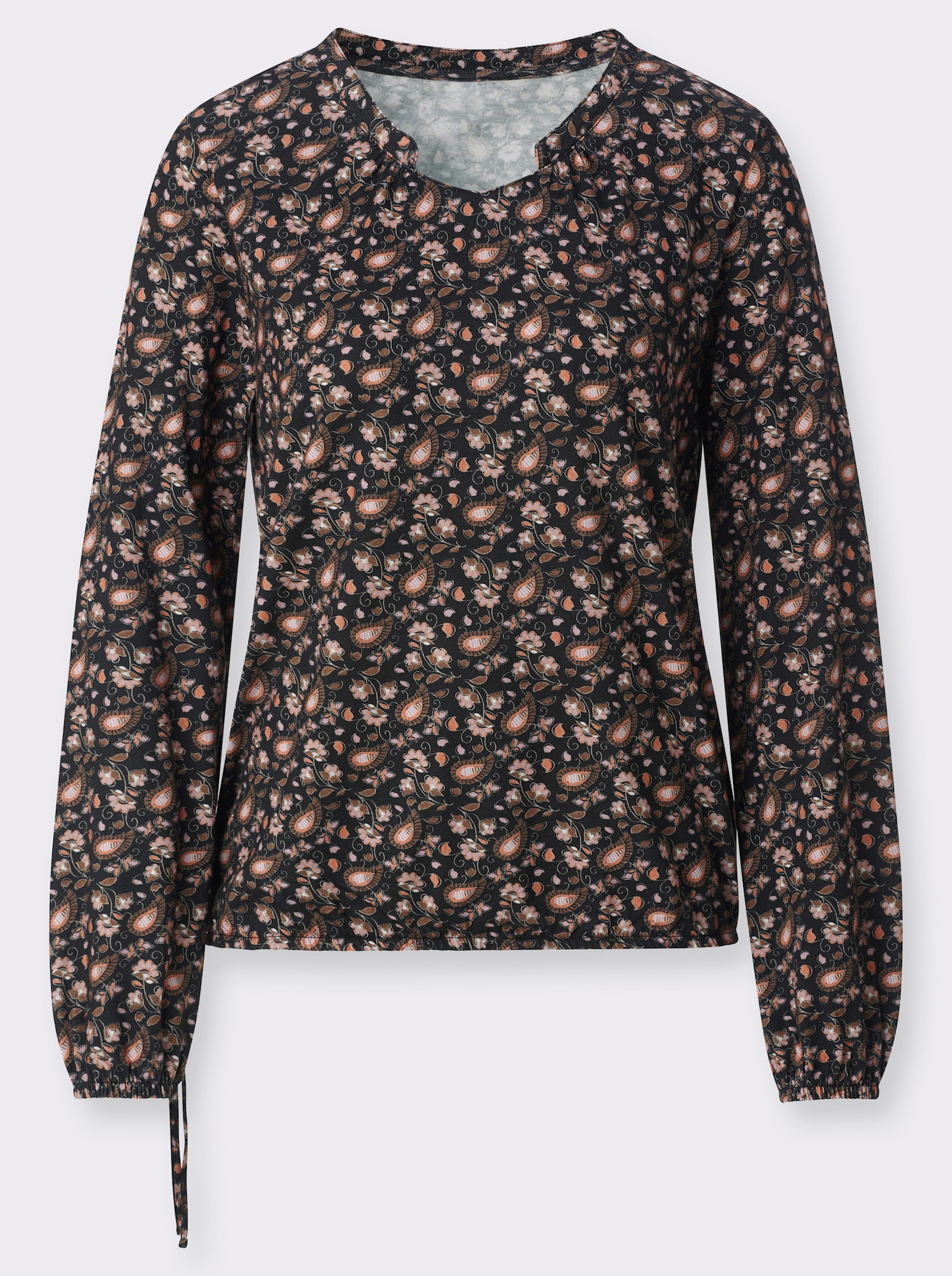 Print-Shirt mit Gummizug am Ärmel - schwarz-papaya-bedruckt