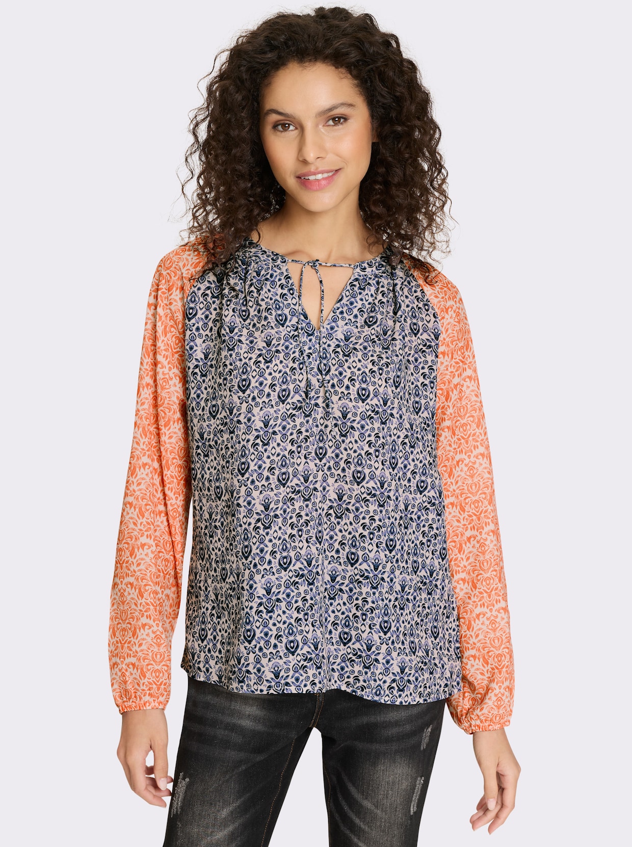 heine Druckbluse - orange-taubenblau-bedruckt