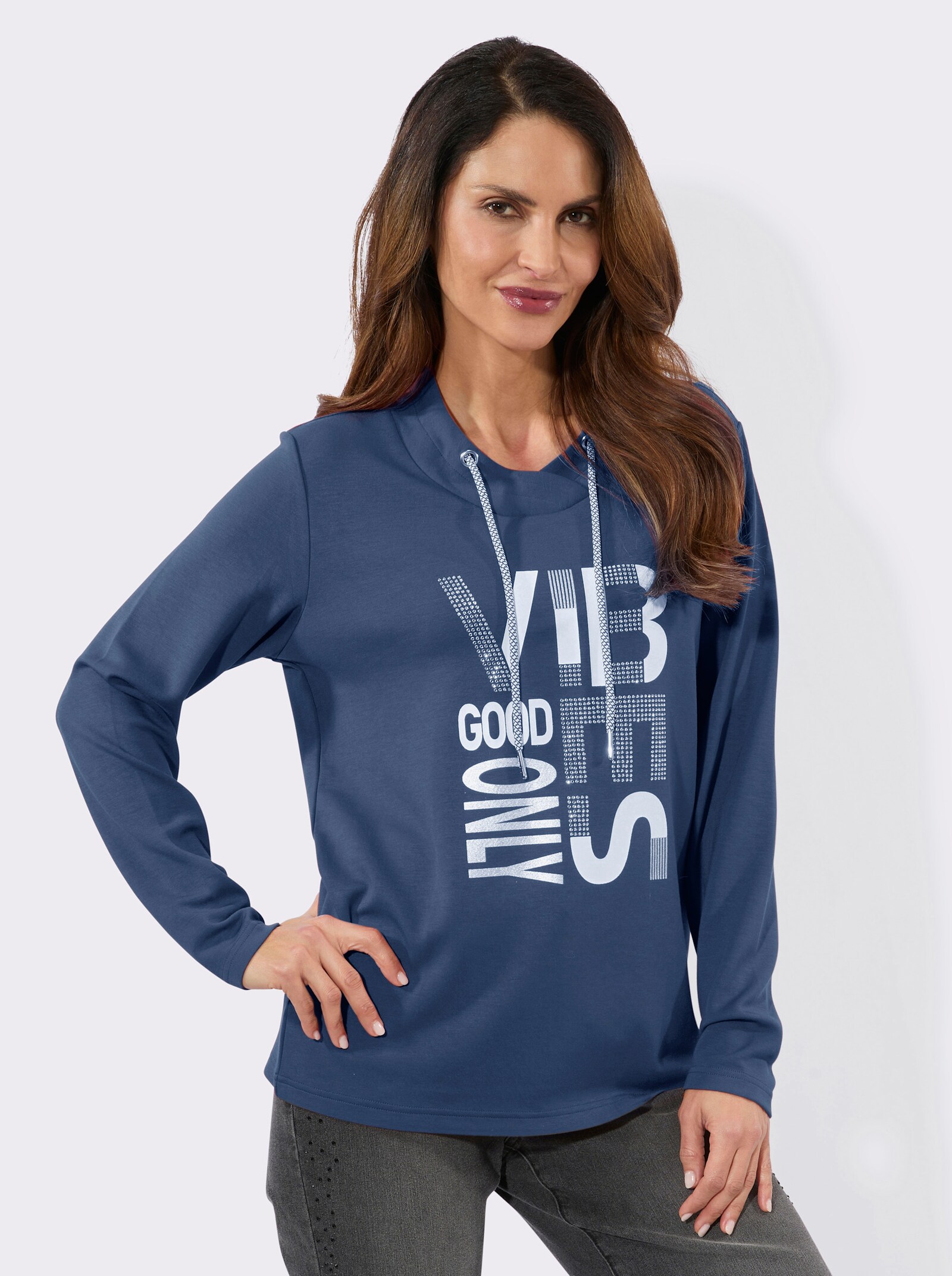 Langarmshirt mit silberfarbigem Print - jeansblau