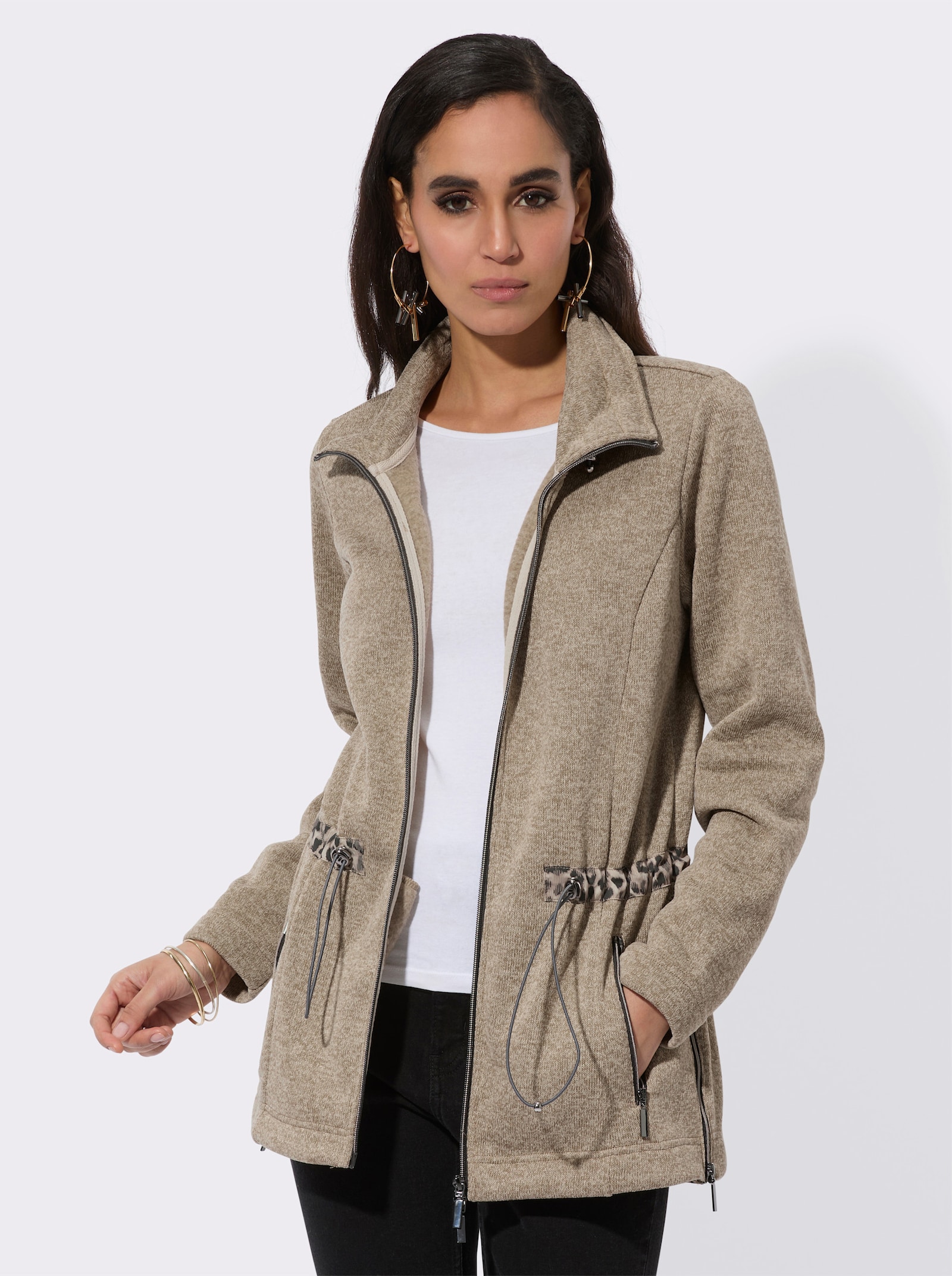 Strickfleecejacke mit Leo-Akzenten - sand-graphit