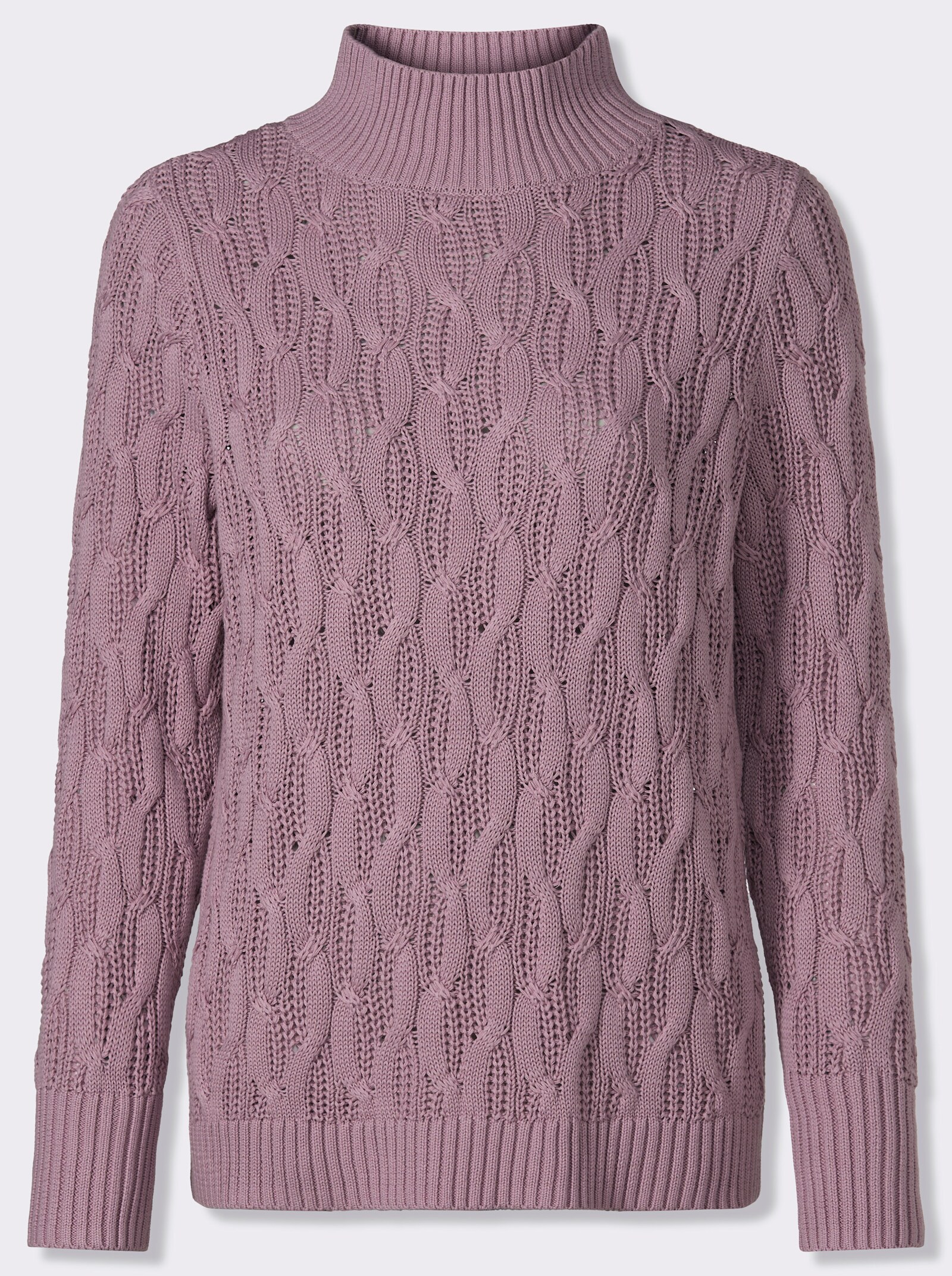  Stehkragenpullover mit Zopfmuster rundum - mauve
