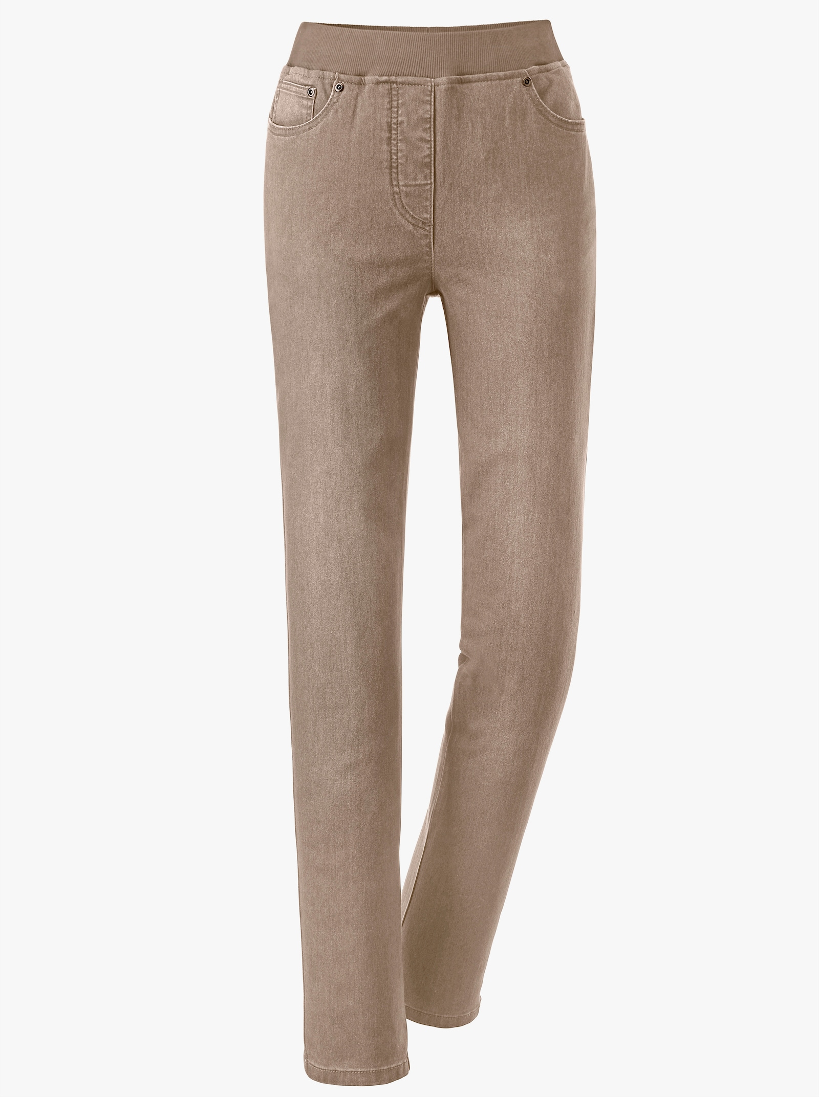 Džínsy na gumu s rebrovaným pleteným elastickým pásom - sezamová