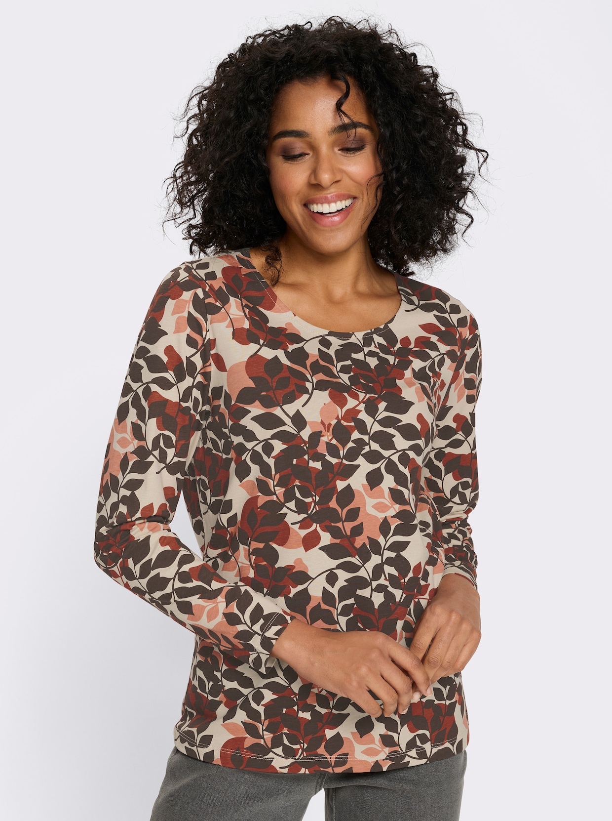 Langarmshirt im Blätter-Dessin - rostrot-schoko-bedruckt