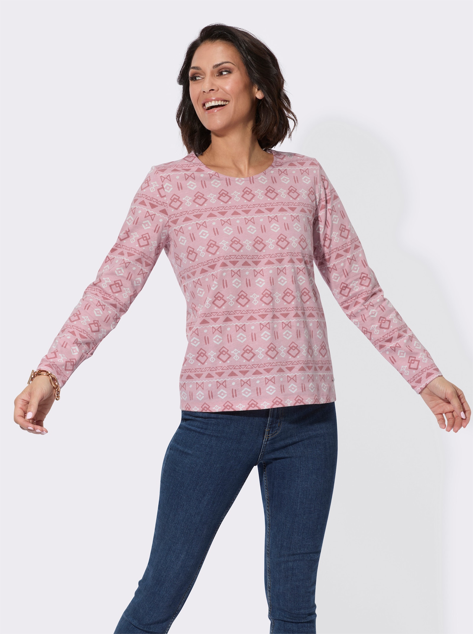 Shirt met print en afgebiesde ronde hals - hortensia bedrukt