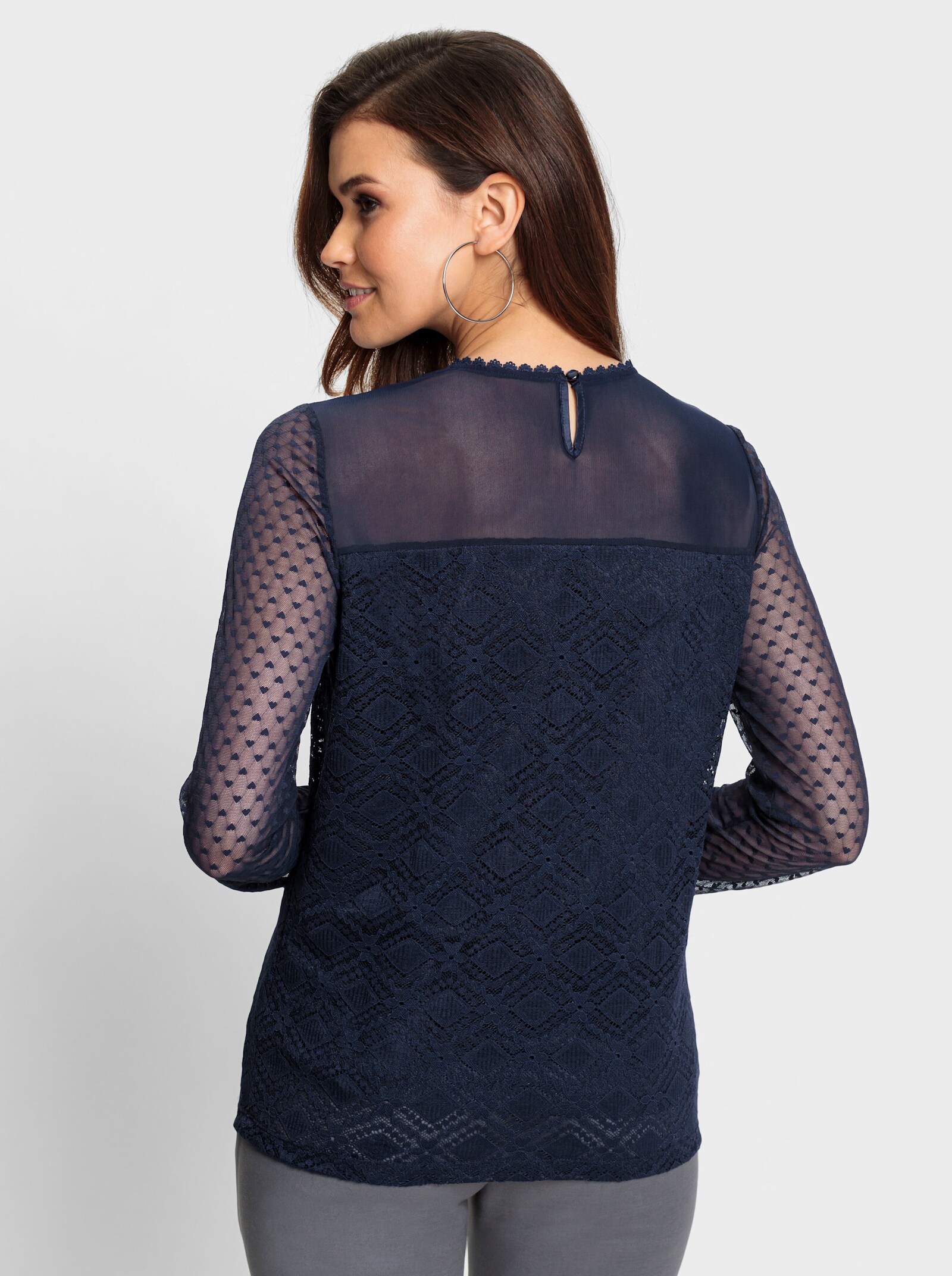 T-shirt en dentelle avec empiècements en maille - marine