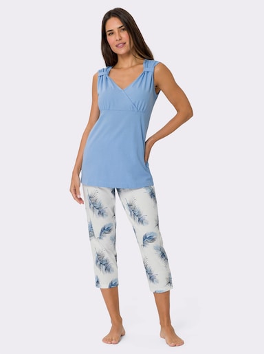 Schlafanzug mit gerafften Trägern, bedruckt - himmelblau-bedruckt