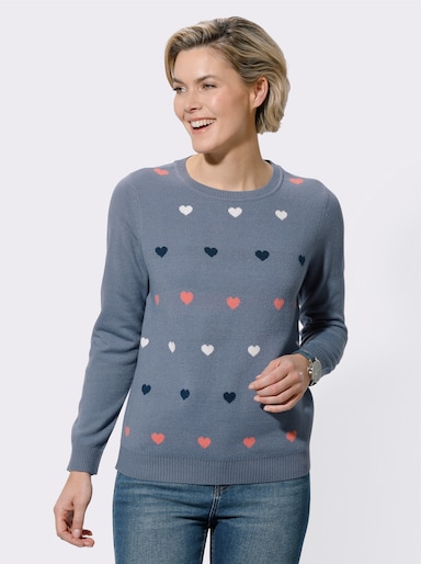 Rundhalspullover im Herz-Dessin - taubenblau
