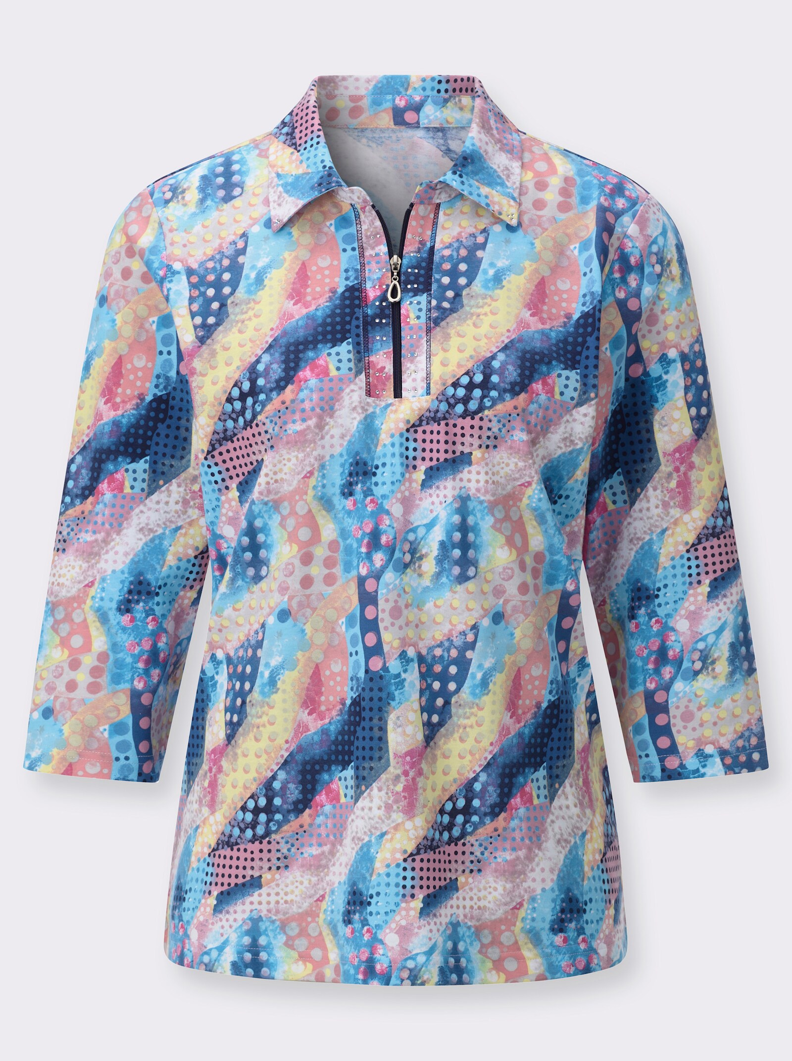 Poloshirt mit Glitzersteinchen am Kragen - marine-altrosa-bedruckt