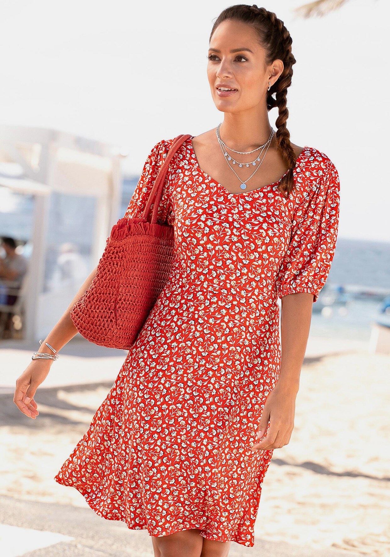 Vivance Jerseykleid - rot-hellbeige-bedruckt