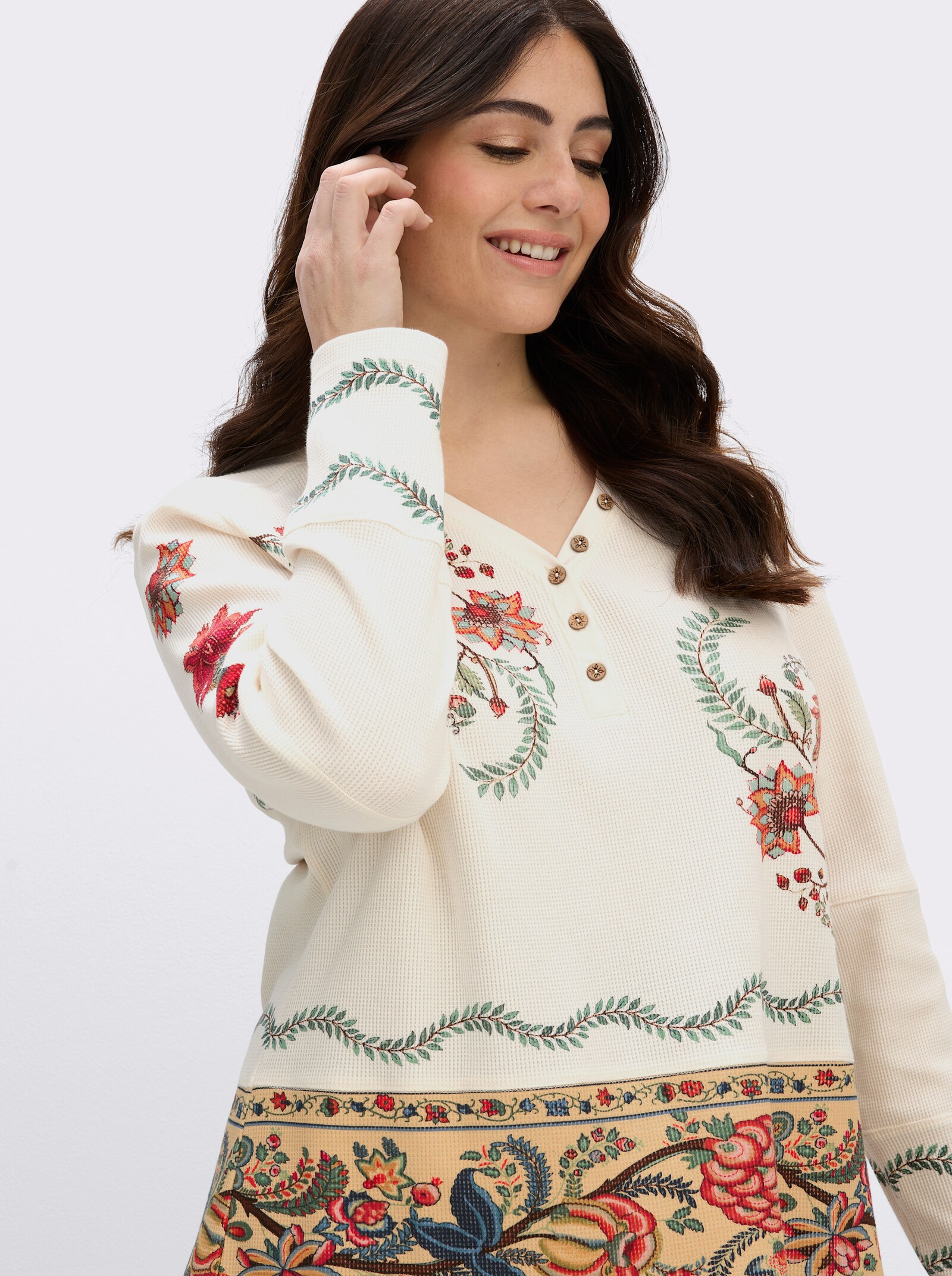 sheego by Joe Browns Langarmshirt mit Blumendruck und Holzknöpfen - champagner-rostrot-bedruckt