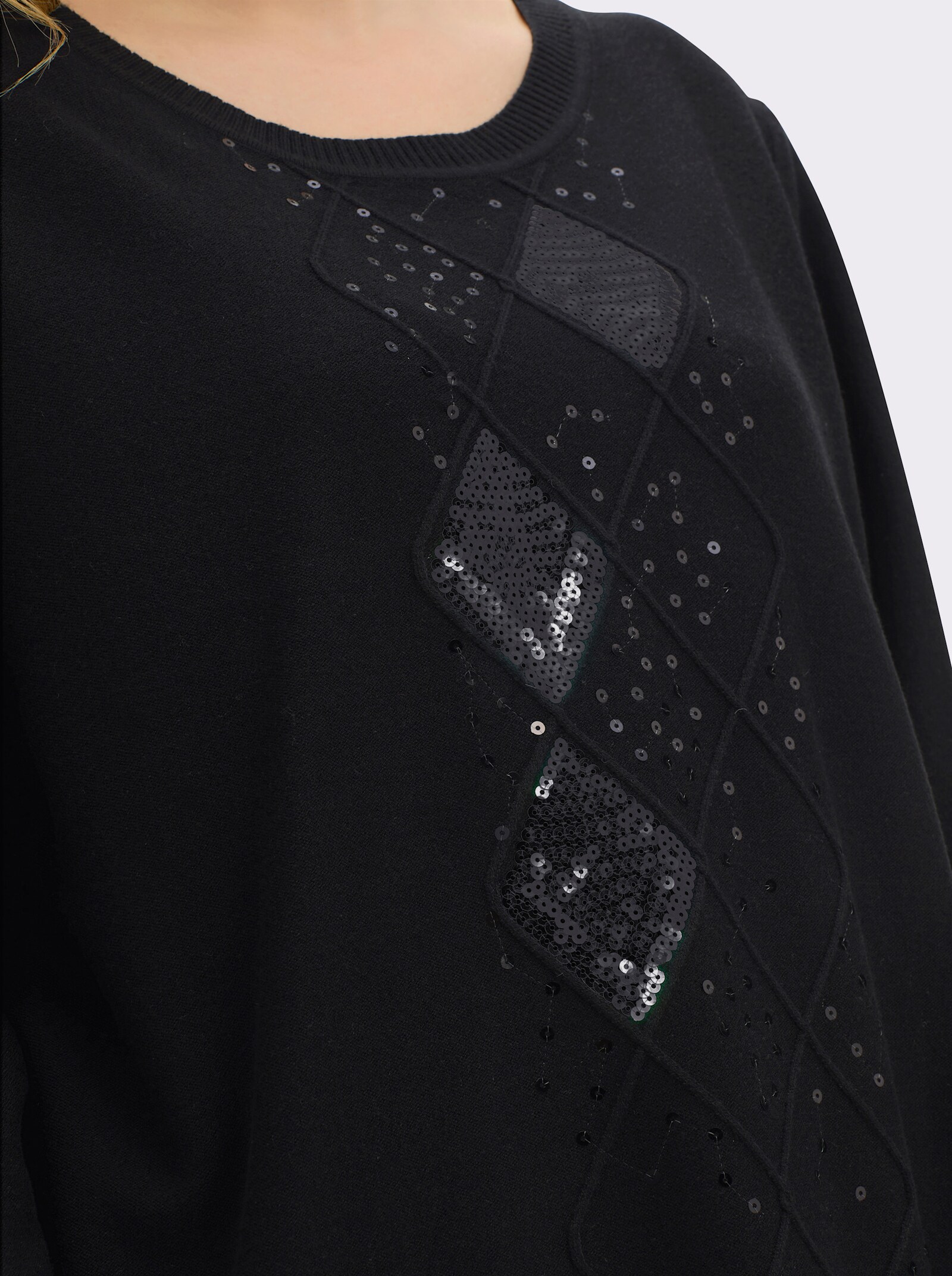 sheego Pullover mit Rautenmuster und Glitzersteinchen - schwarz