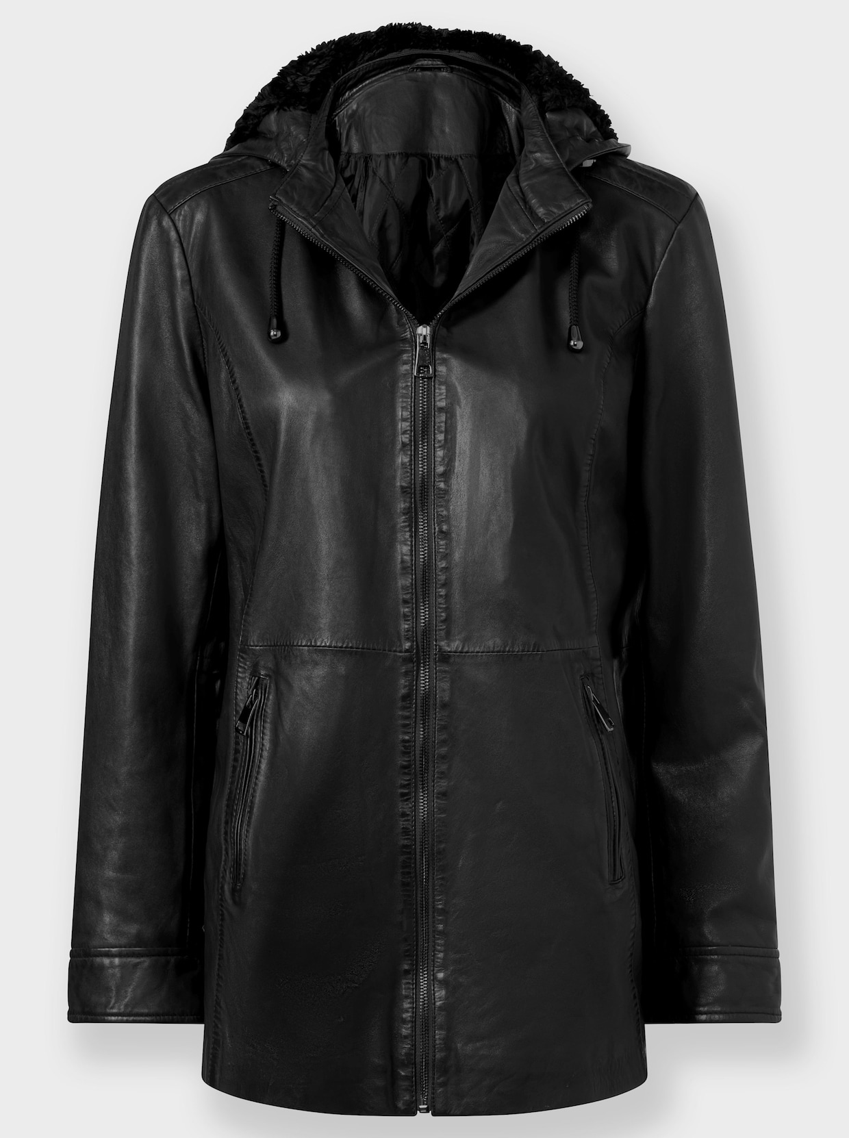 Lederjacke mit abnehmbarer Kapuze - schwarz