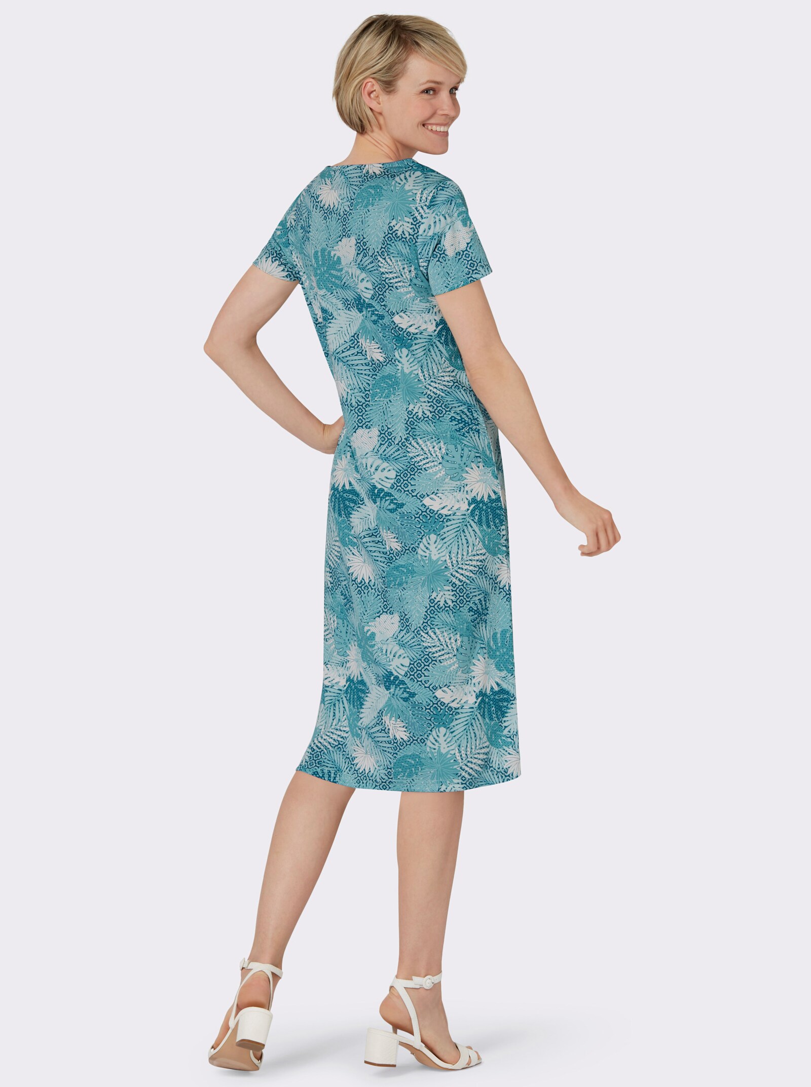 Jerseykleid mit Blättermuster - mint-ozean-bedruckt