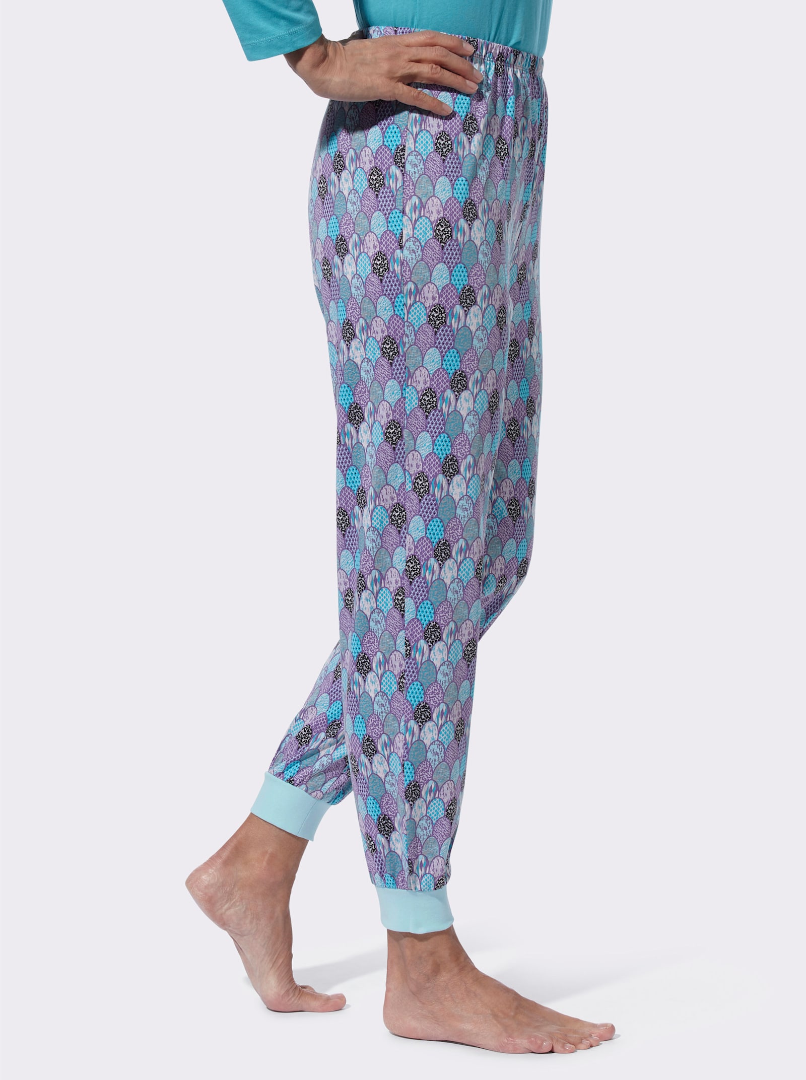 Schlafanzughose mit einfarbigen Bündchen - aquamarin-bedruckt