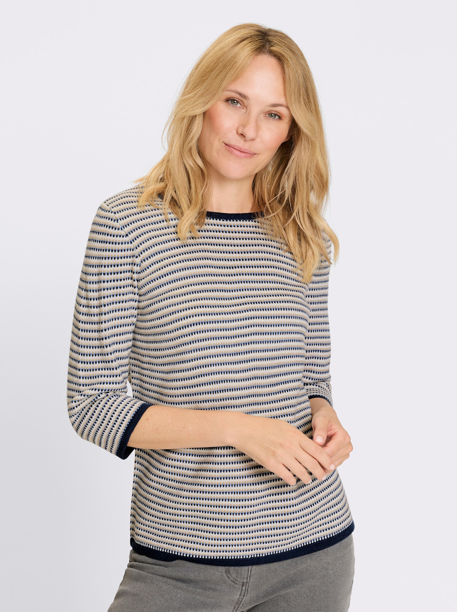 Jacquard-Pullover mit 3/4-Ärmeln - ecru-dunkelblau-gemustert