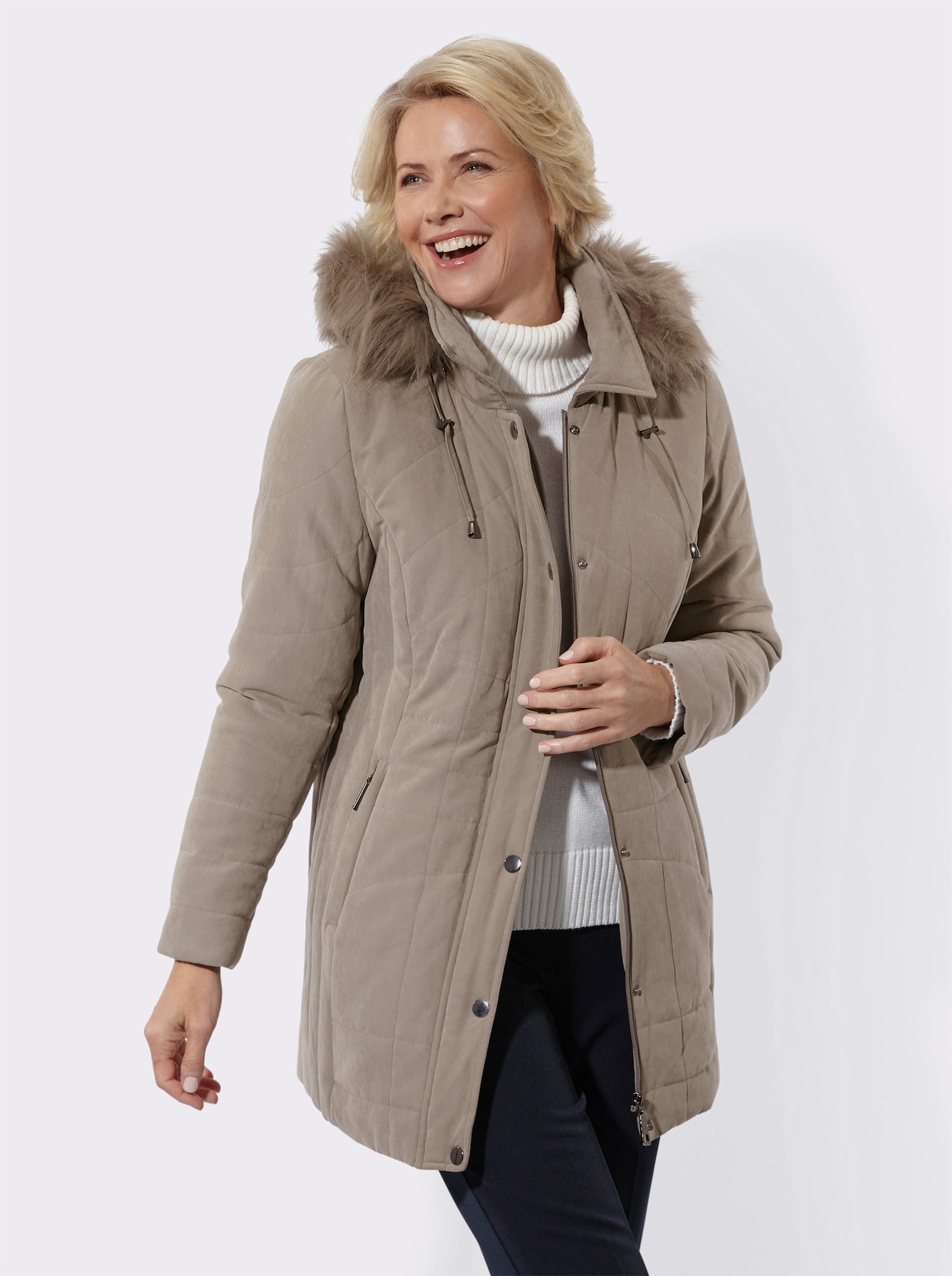 Kapuzenjacke Pelz-Imitat-Besatz - taupe