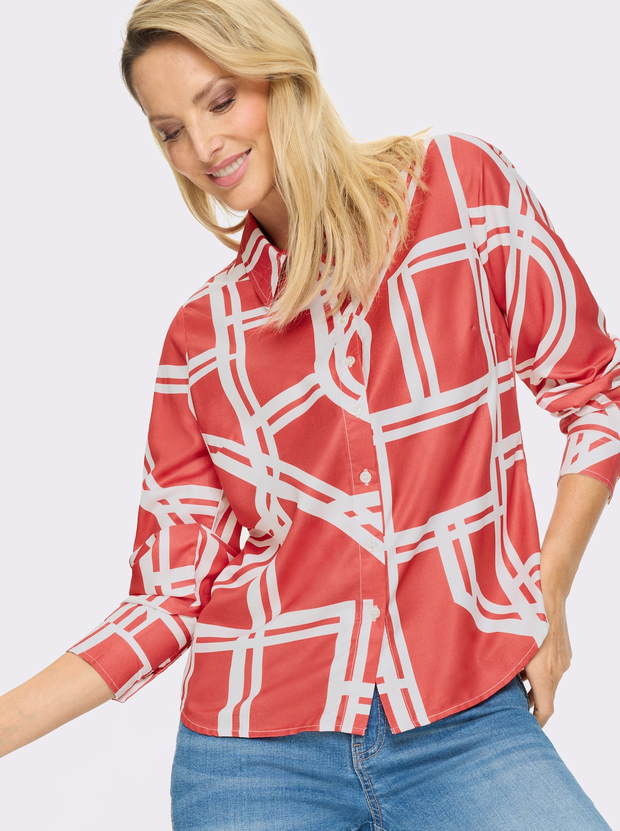 heine Druckbluse - rot-ecru-bedruckt