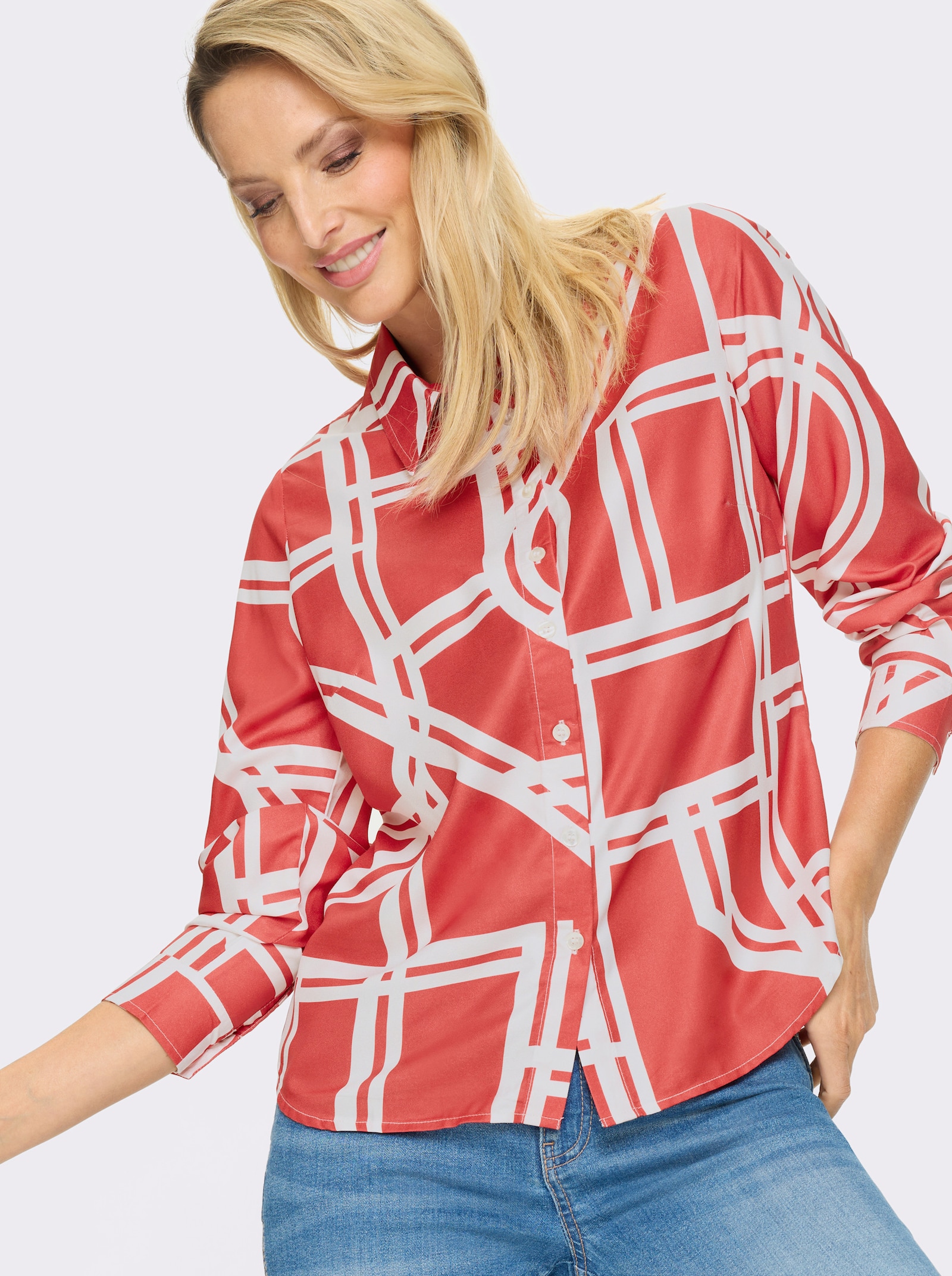heine Druckbluse mit grafischem Dessin - rot-ecru-bedruckt
