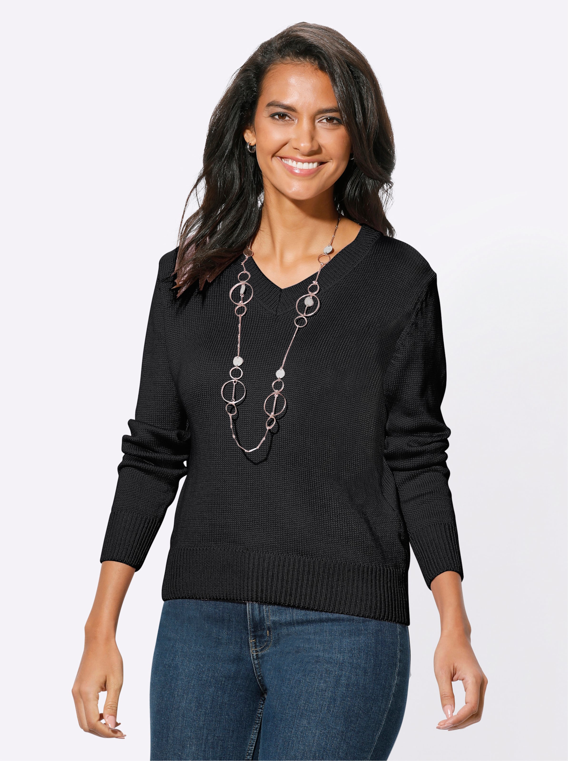 Witt Damen V-Ausschnitt-Pullover mit Baumwolle, schwarz