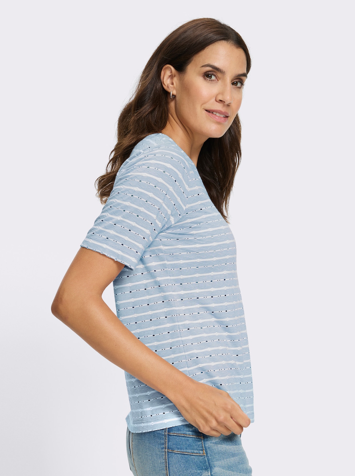 V-Shirt - ecru-hellblau-gemustert