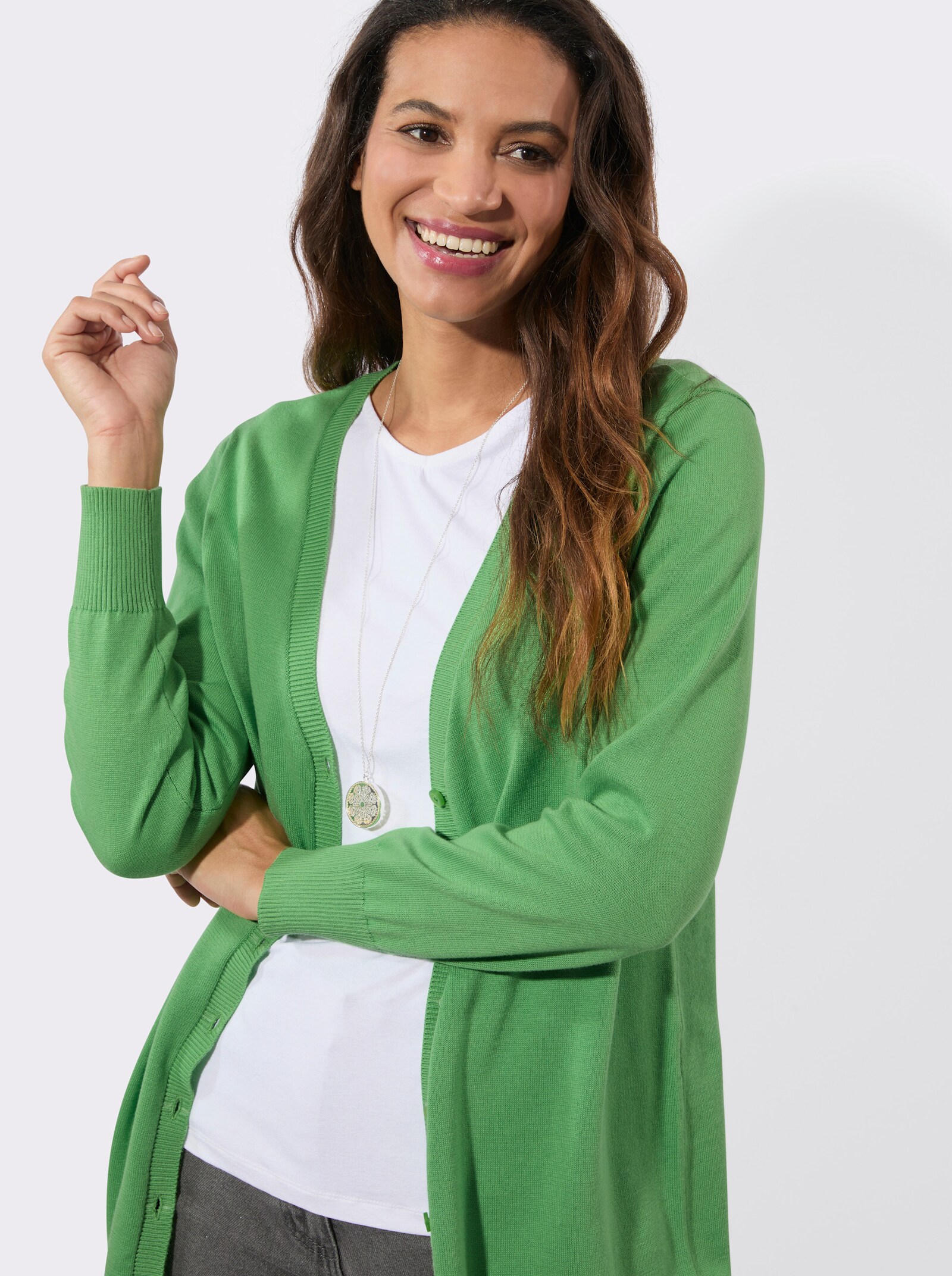 Longstrickjacke mit gerippten Bündchen - apfel