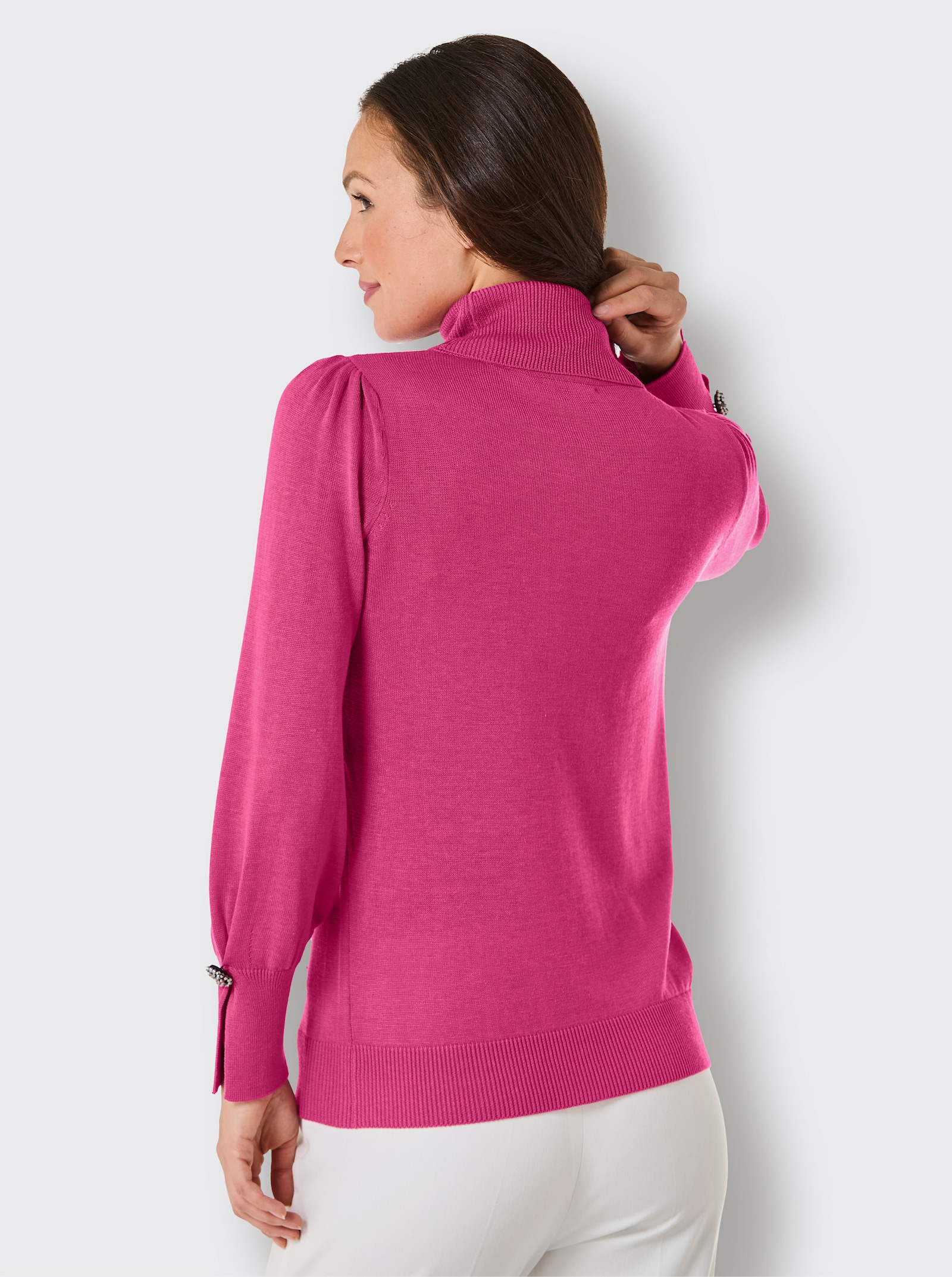 CREATION L PREMIUM Rollkragenpullover mit Schmuckknopf am Ärmel - fuchsia