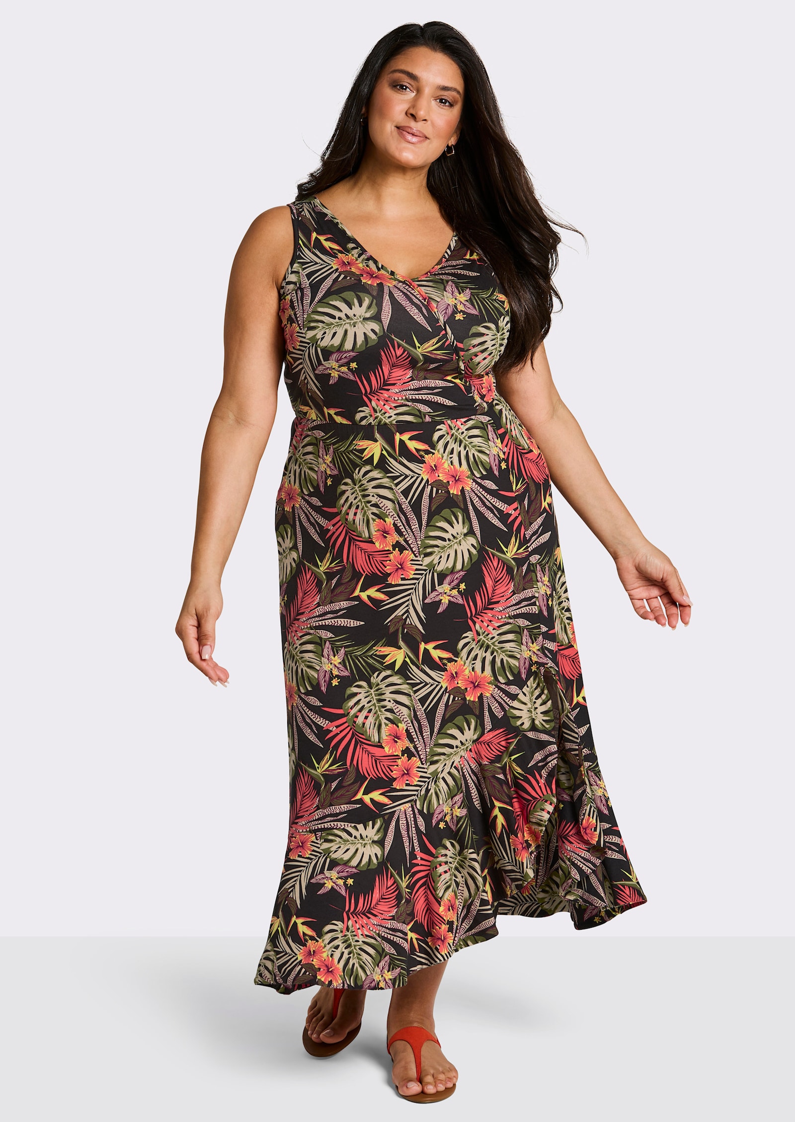 sheego Jerseykleid mit Volant am Saum - schwarz-burgund-bedruckt