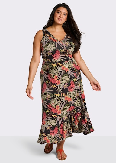 sheego Jerseykleid mit Volant am Saum - schwarz-burgund-bedruckt