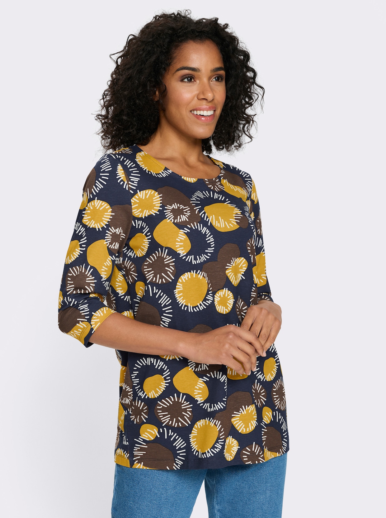 Longshirt mit 3/4-Ärmeln, Baumwolle - schoko-ocker-bedruckt