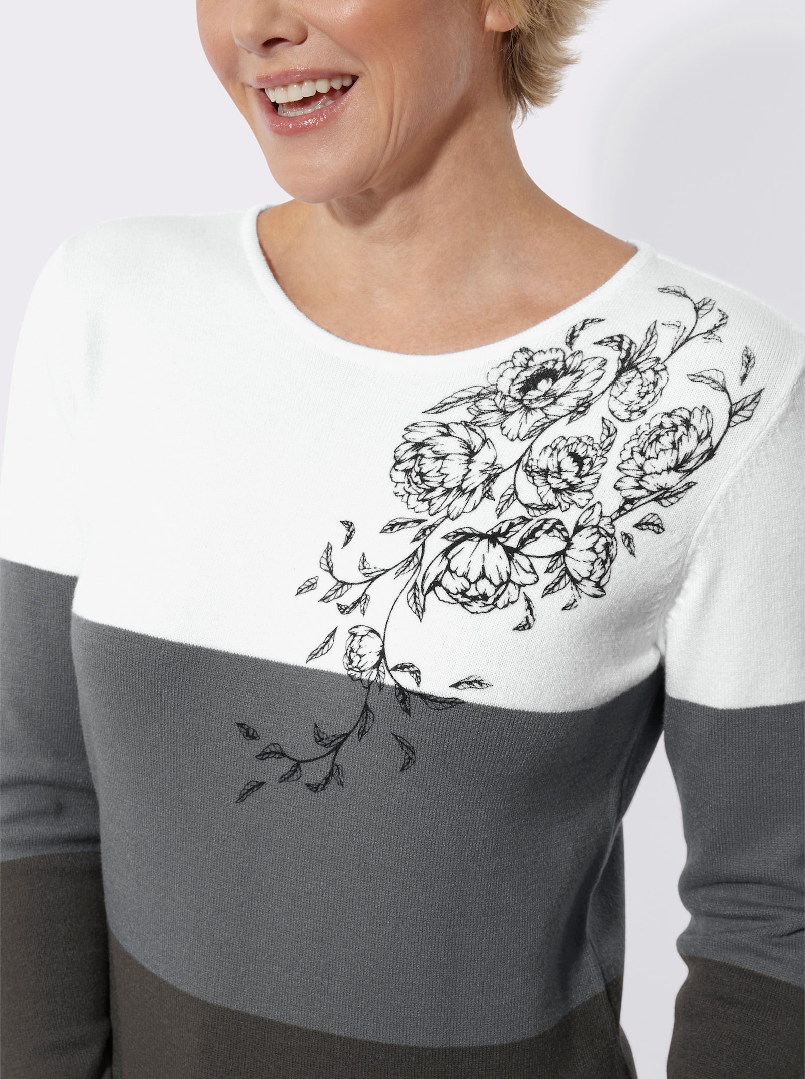 Langarm-Pullover mit platziertem Druck - anthrazit-ecru-gemustert