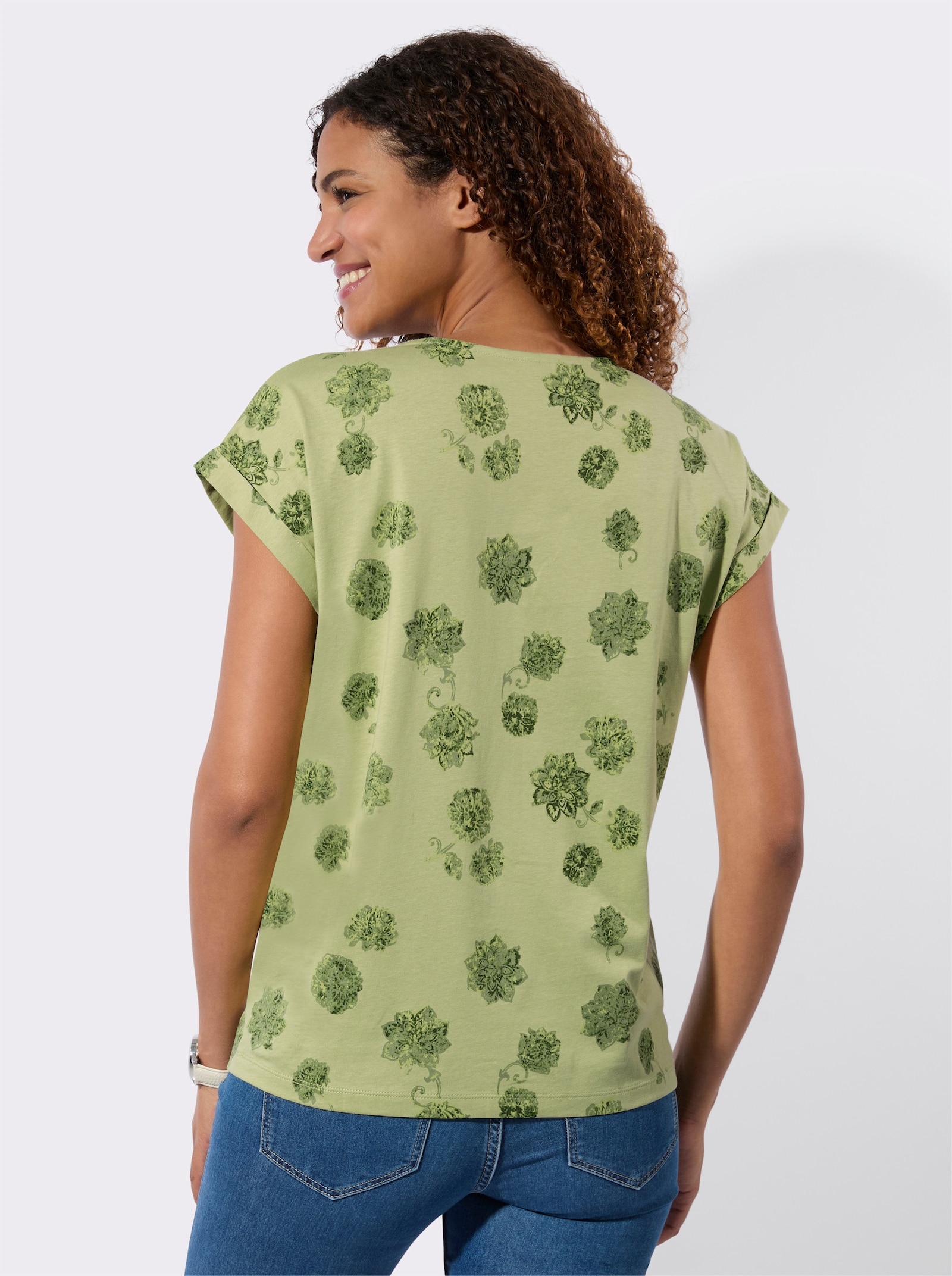Kurzarmshirt mit Blumen-Dessin - lindgrün-schilf-bedruckt