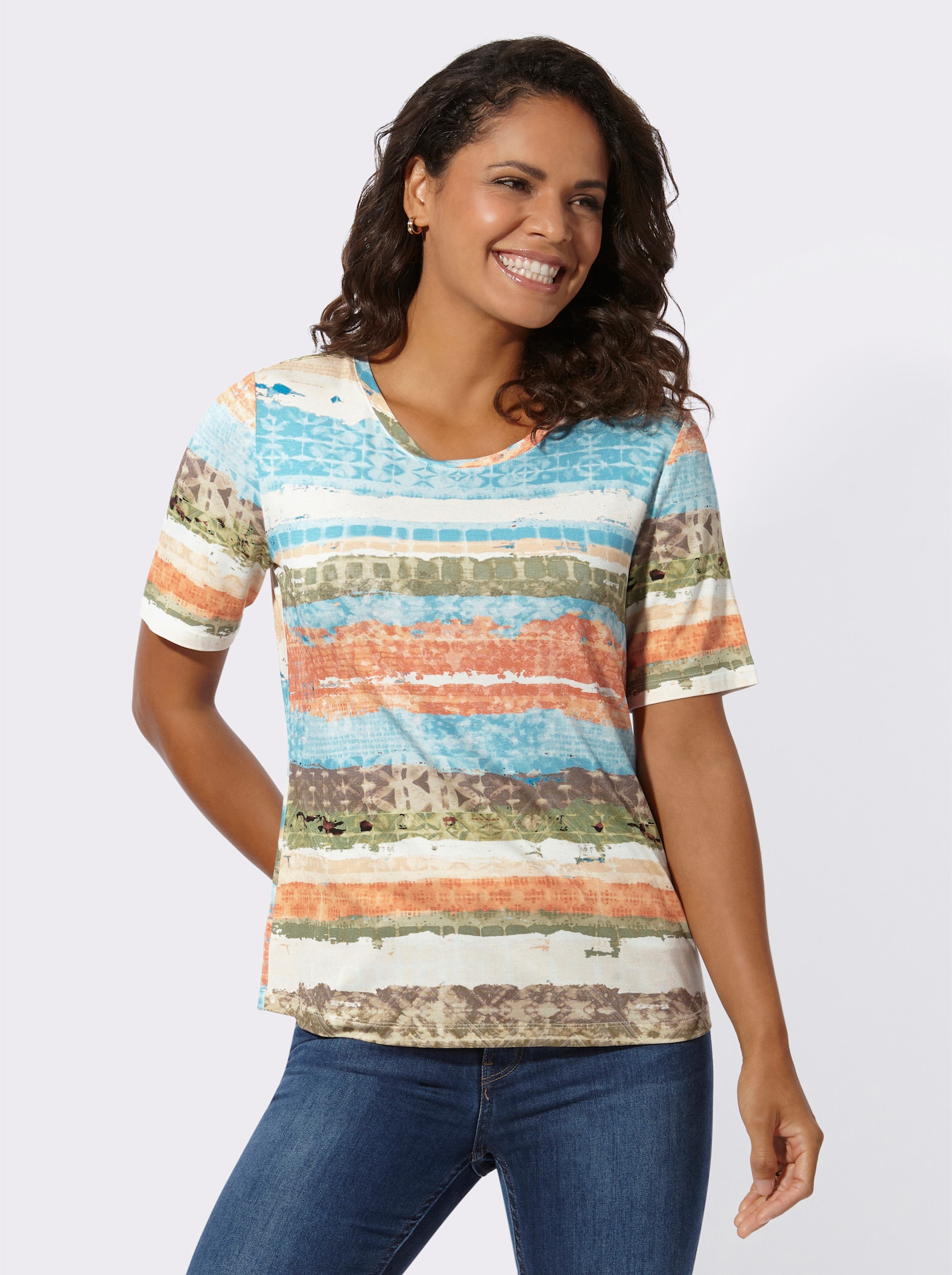 Kurzarmshirt mit Rundhals-Ausschnitt, bedruckt - aqua-eucalyptus-gemustert