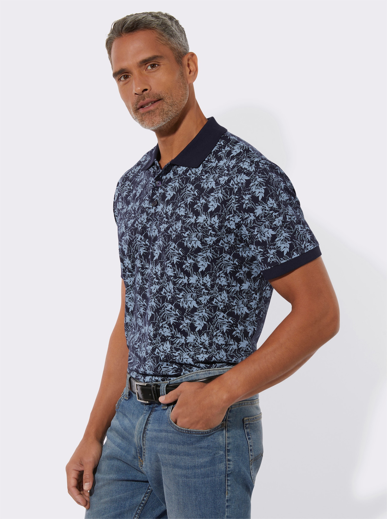 Polokošile s listovým potiskem - námořnická modrá-modrá-potisk