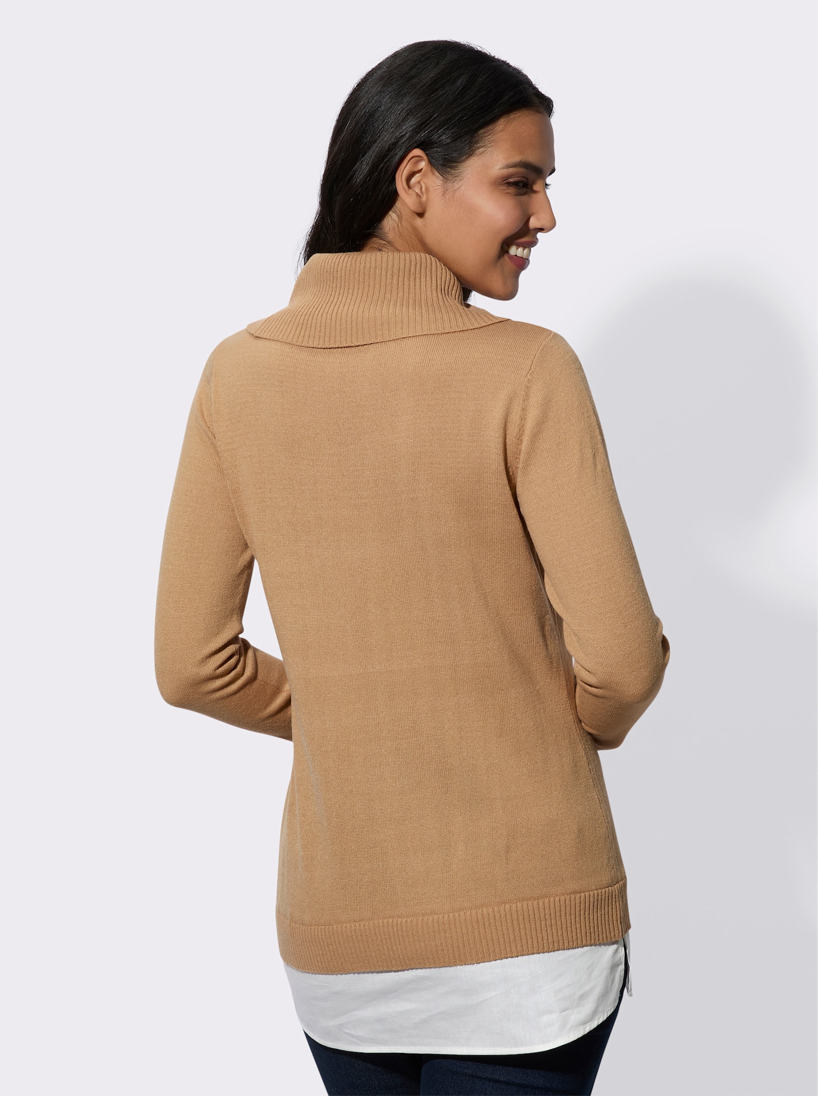 2-in-1-Pullover mit halsfernem Rollkragen - camel-weiß