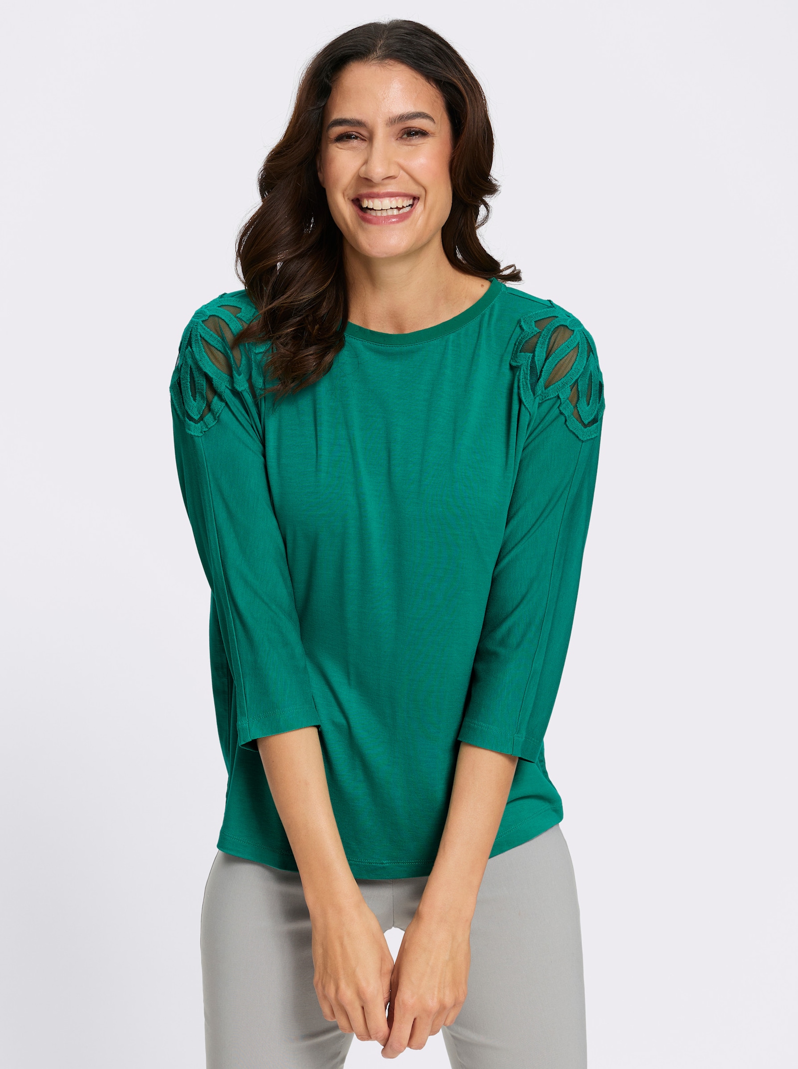 3/4-Arm-Shirt mit Spitzeneinsatz an der Schulter - smaragd