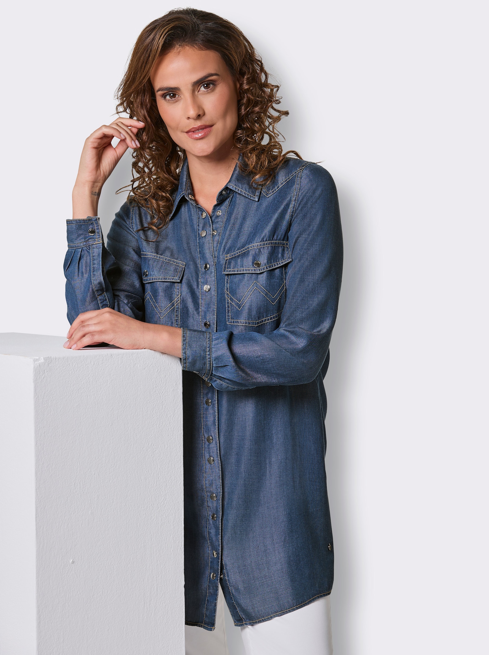 CREATION L PREMIUM Longbluse mit Druckknöpfen - blue-bleached
