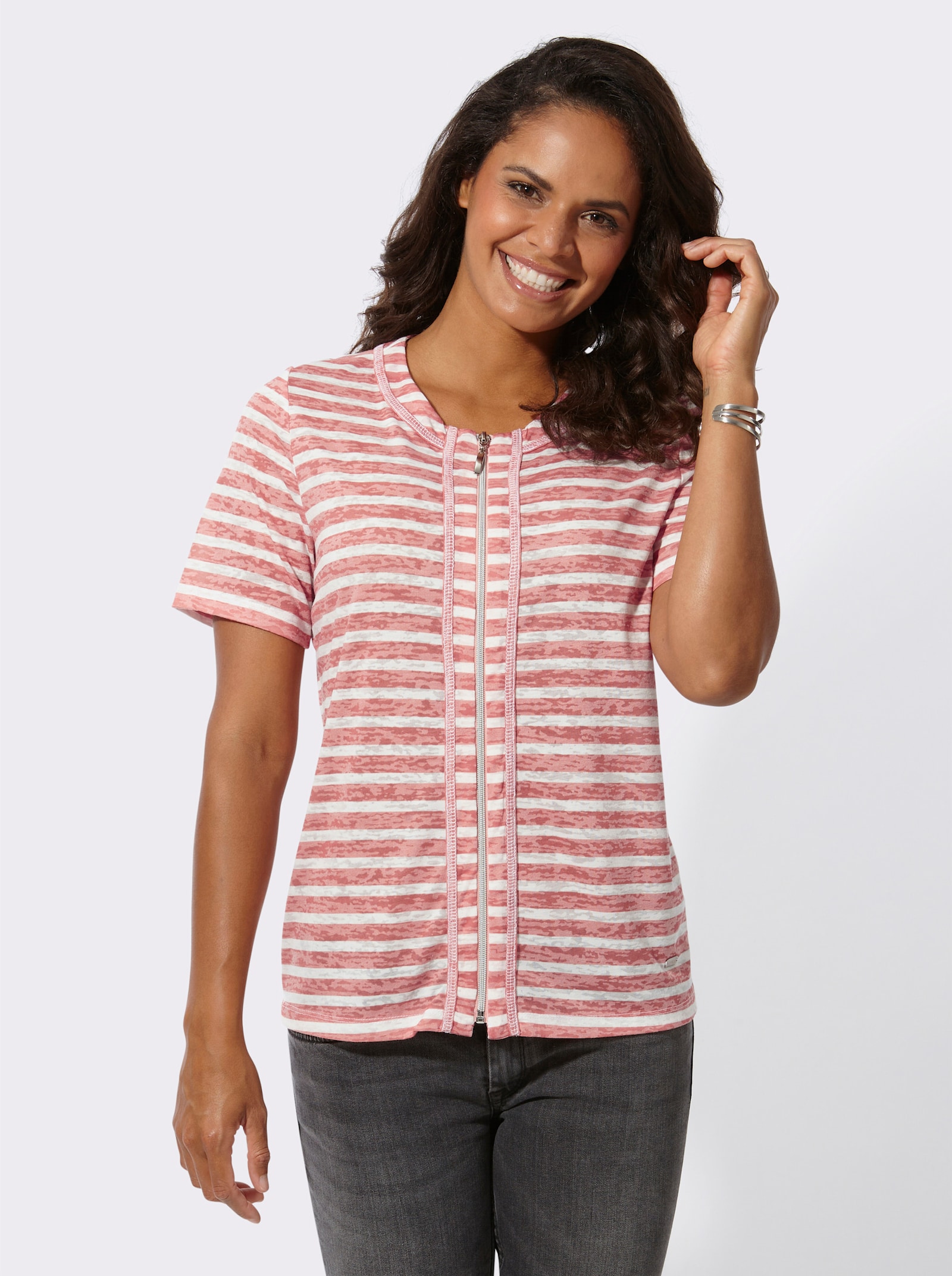 Shirtjacke mit kurzen Ärmeln, geringelt - papaya-ecru-geringelt