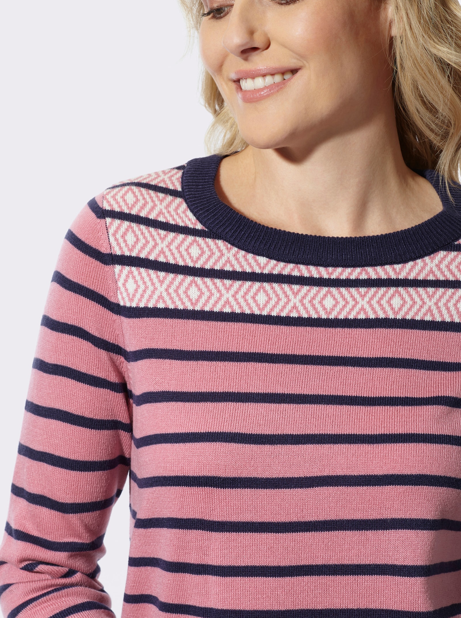 Streifenpullover mit Jacquard-Details - marine-altrosa-geringelt