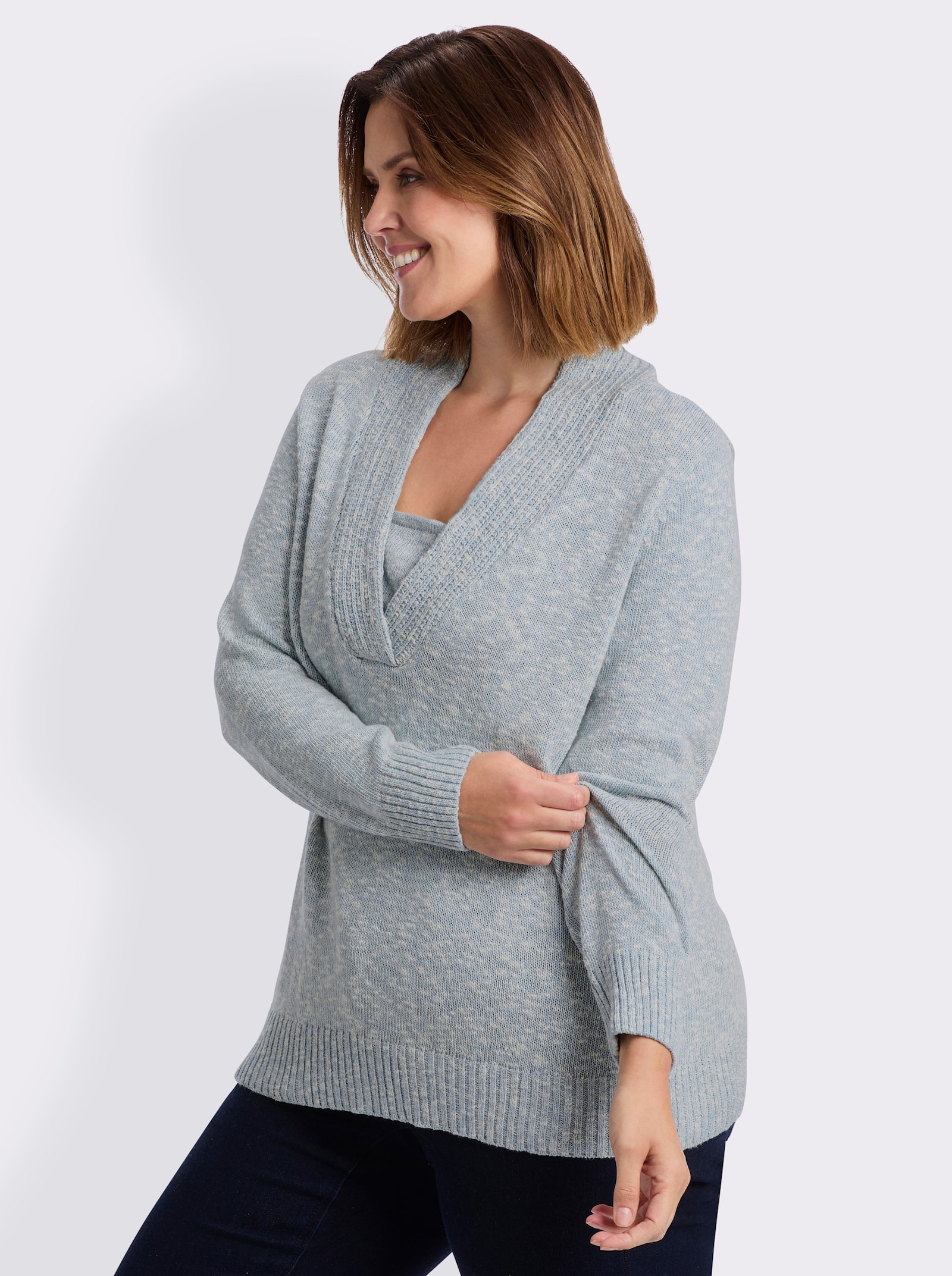V-Ausschnitt-Pullover in 2-in-1-Optik - bleu-meliert