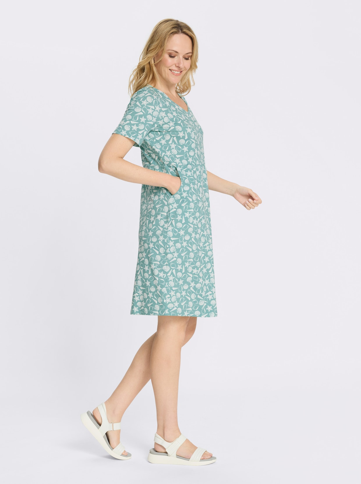 Jerseykleid mit Taschen - salbei-ecru-bedruckt