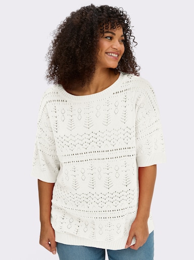sheego Kurzarmpullover aus Ajourstrick - ecru