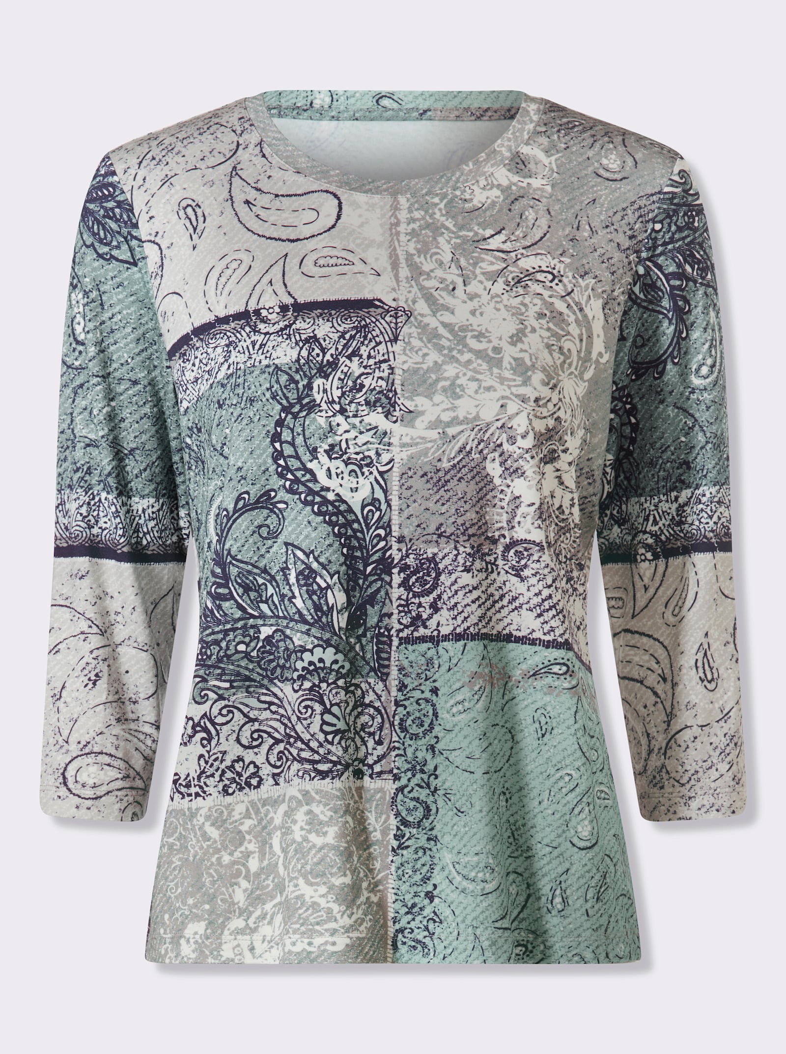 3/4-Arm-Shirt in Patchwork-Dessin - kalkmint-weiß-bedruckt