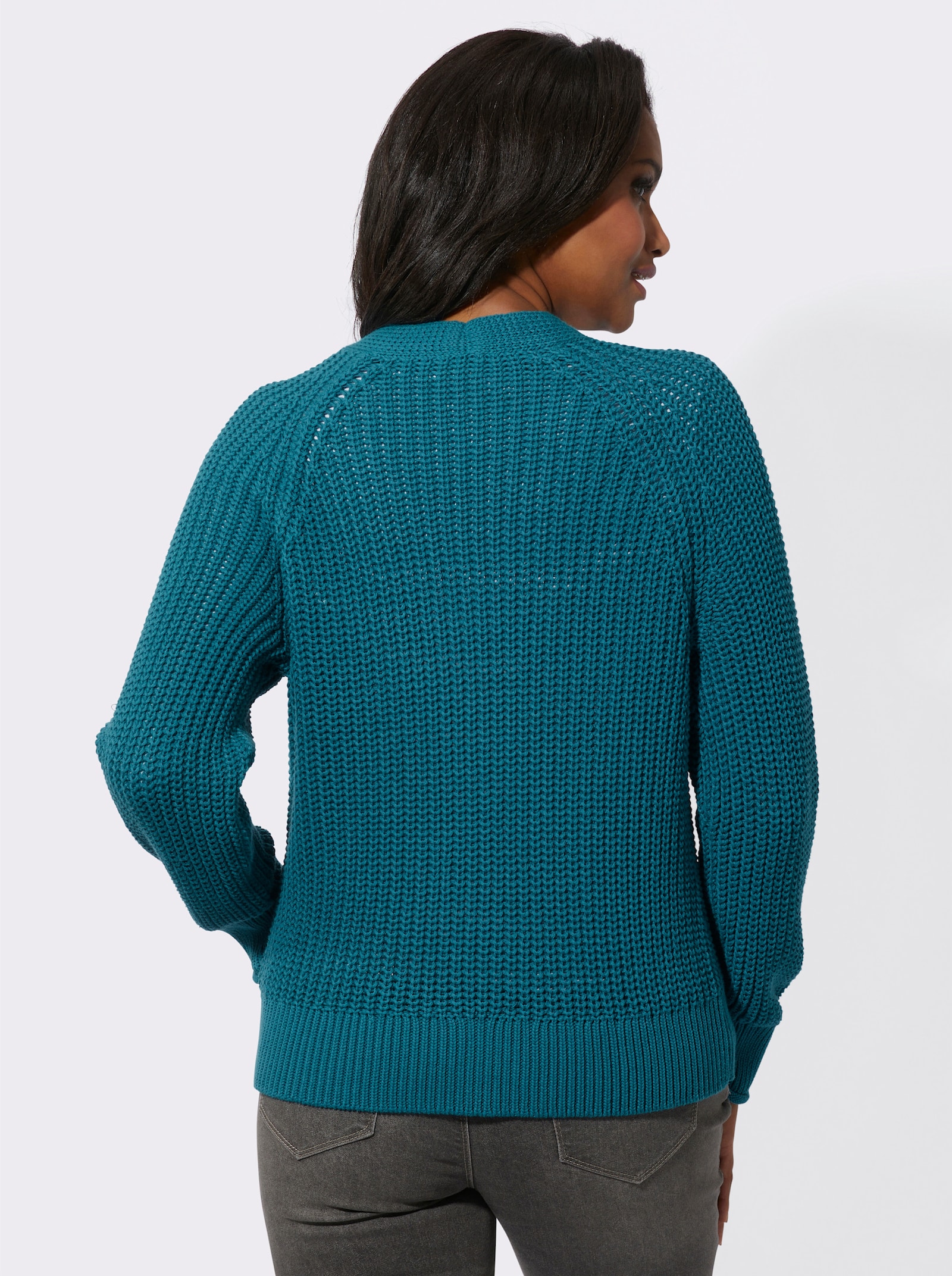 Pletený kabátek se vzorem hrubého úpletu - světlá petrolejová