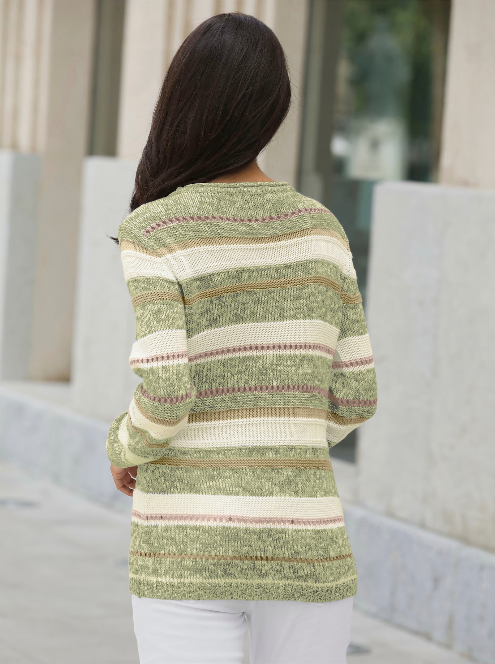 Strickpullover mit Streifen-Muster - grün-ecru-gestreift