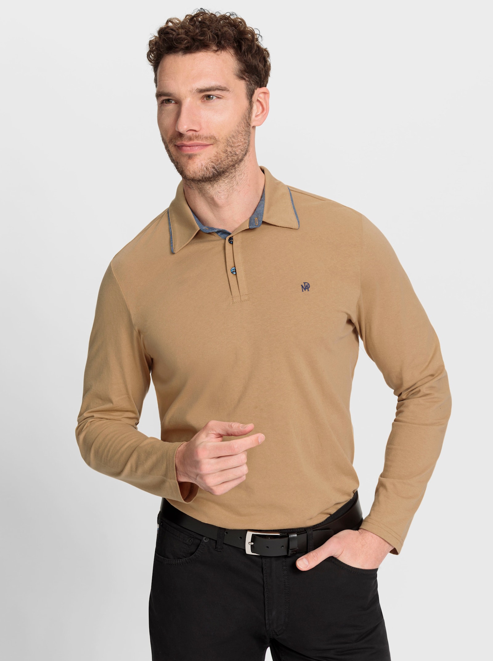 Marco Donati Poloshirt met lange mouwen en geweven garnering in denimlook - camel