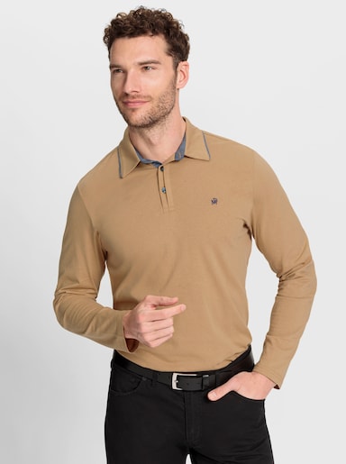 Marco Donati Langarm-Poloshirt mit Webbesatz in Denim-Optik - camel