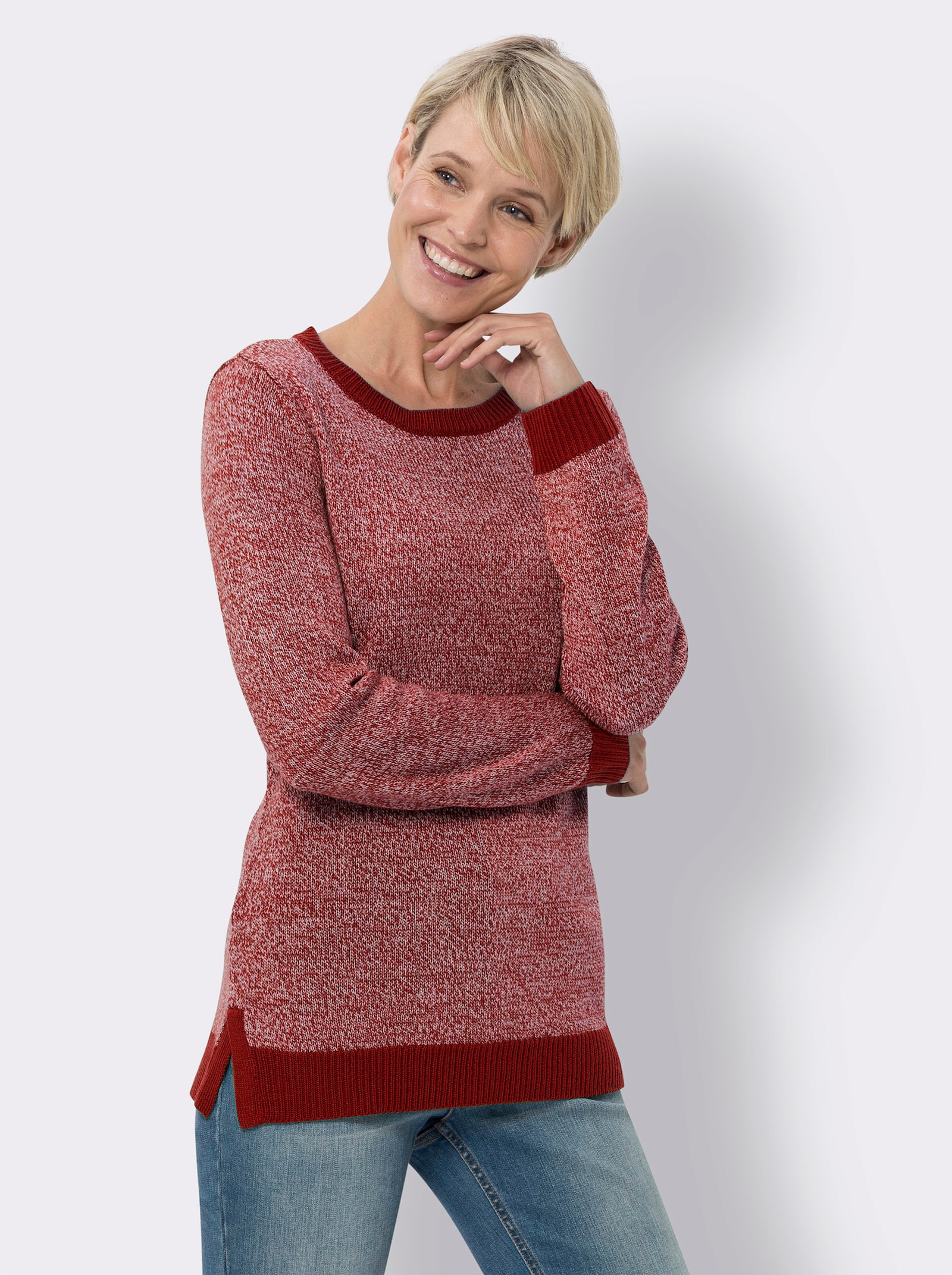  Pullover met ronde hals in gemêleerde look - kers/champagne gemêleerd