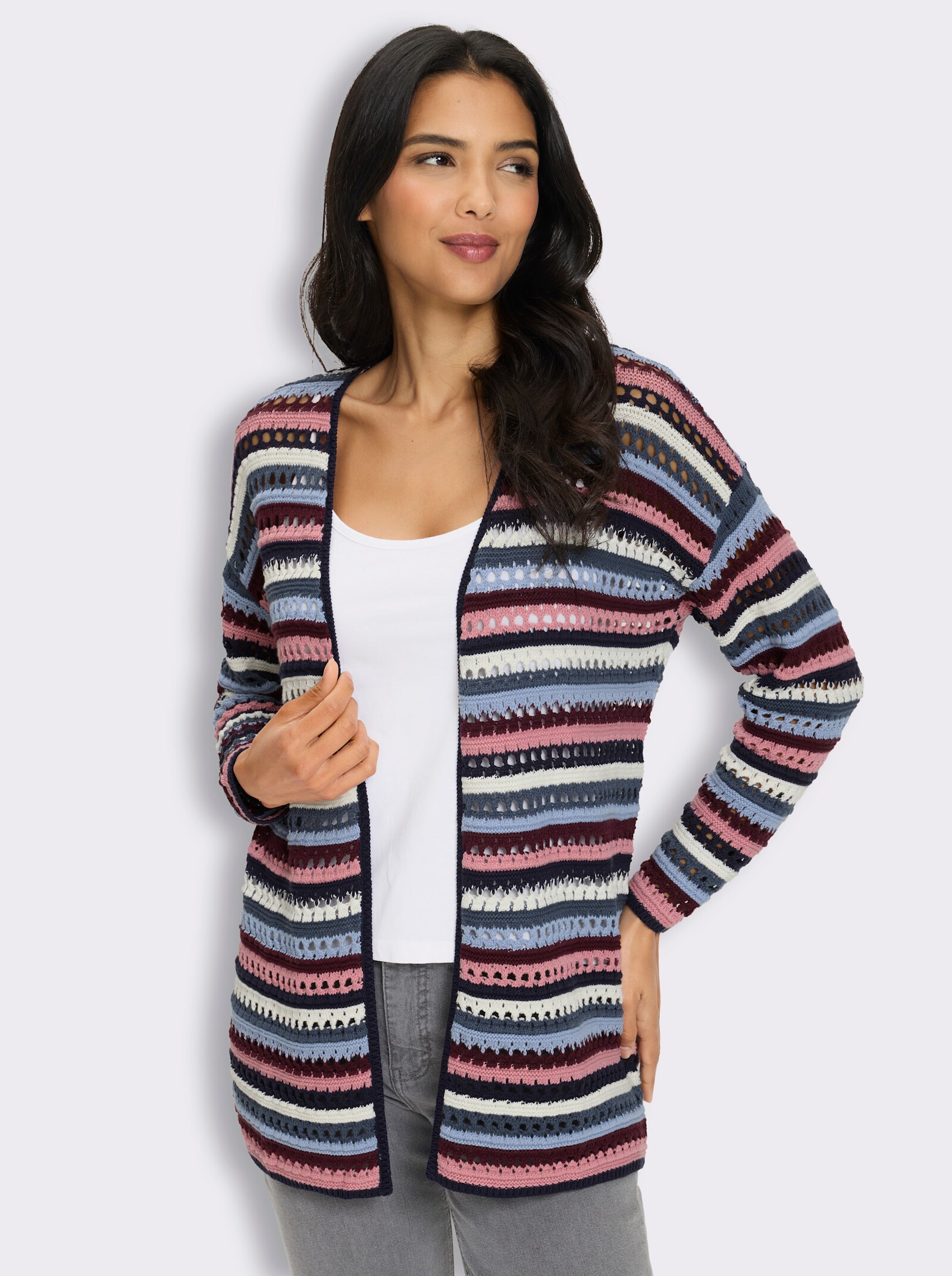 Longstrickjacke in Ajour-Streifenmuster - fuchsia-rauchblau-geringelt